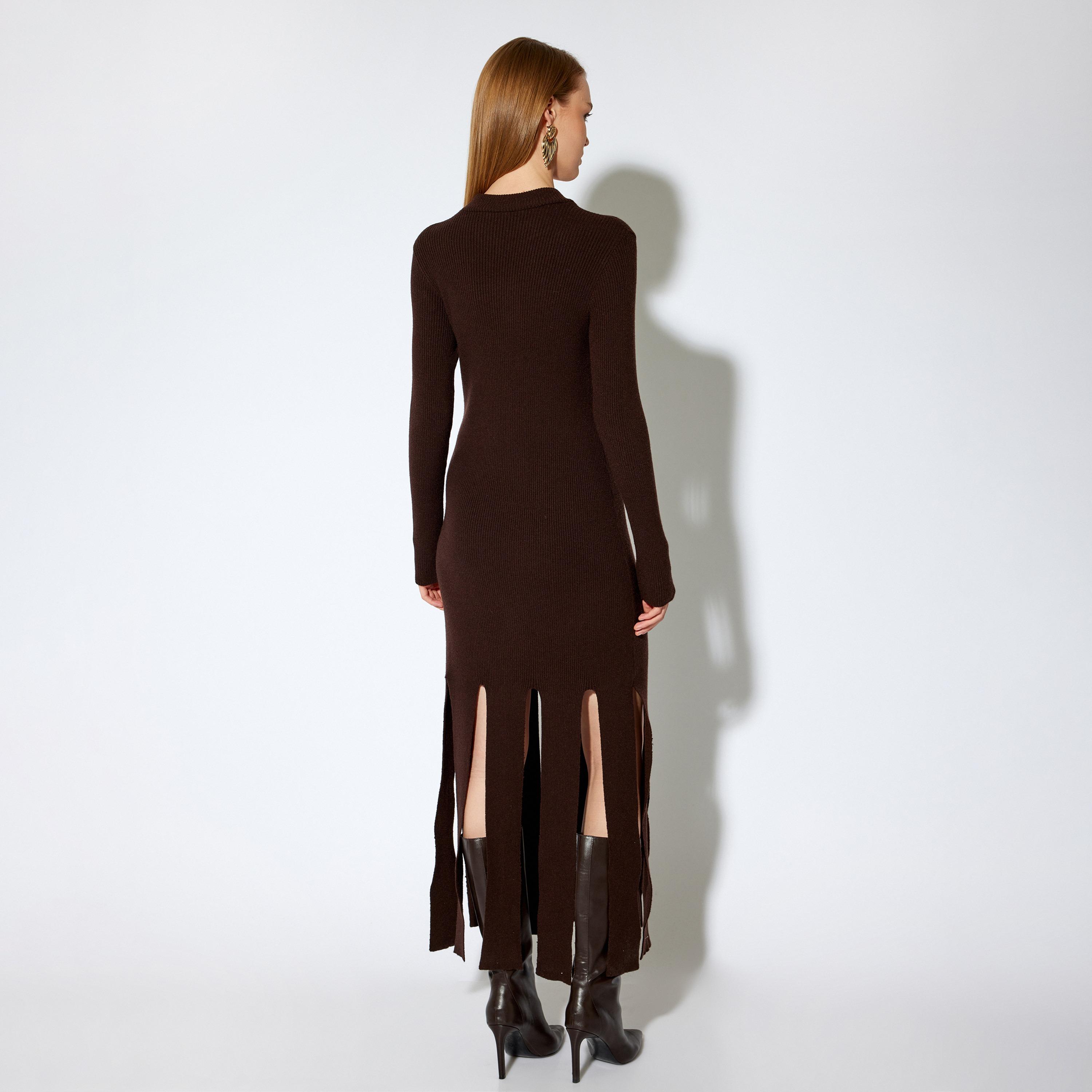 KOTON Brown Ribbed Asymmetric Women's Evening Maxi Dress-women-clothing-dresses-image-3