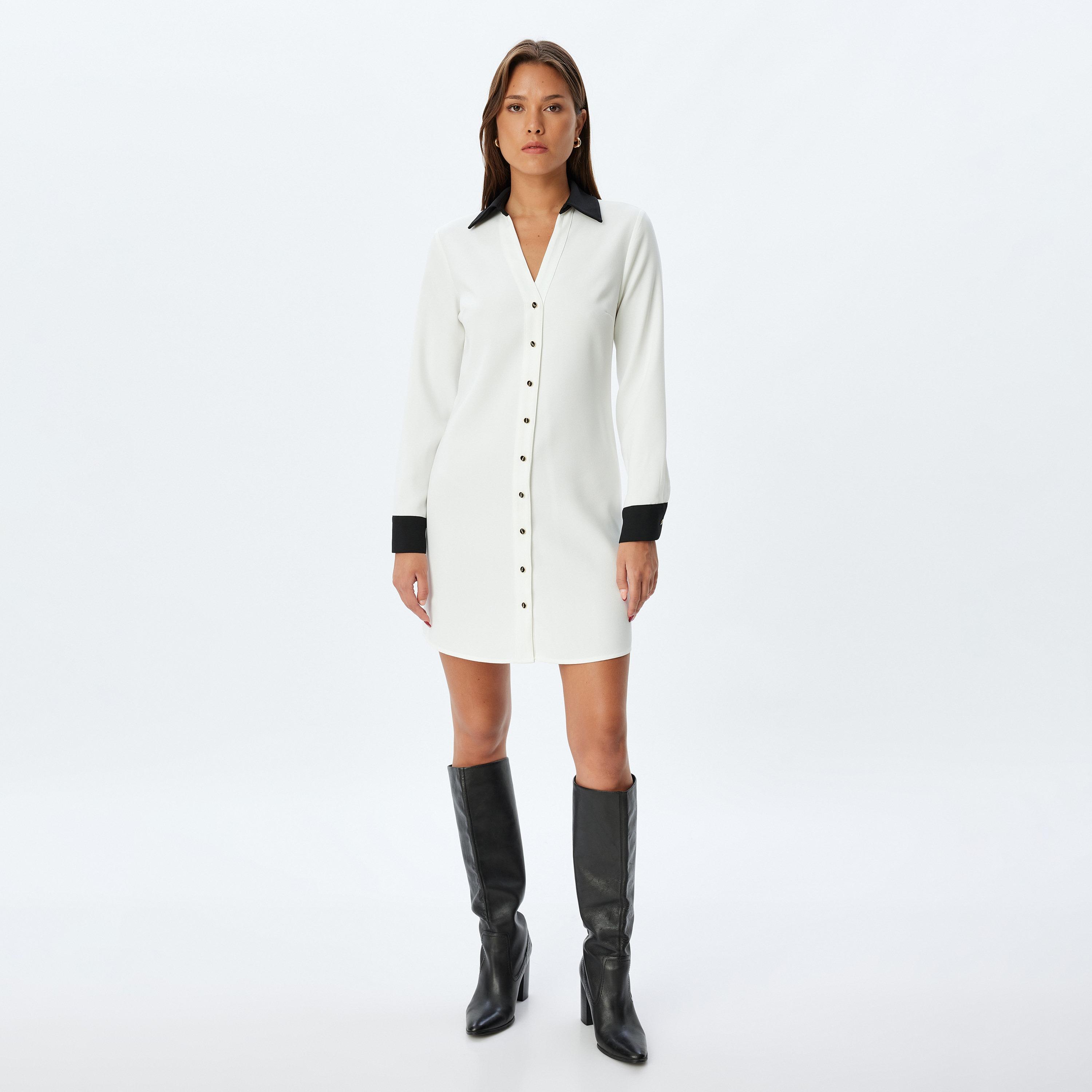 KOTON White Contrast Collared Shirt Women's Mini Dress-women-clothing-dresses-image-1