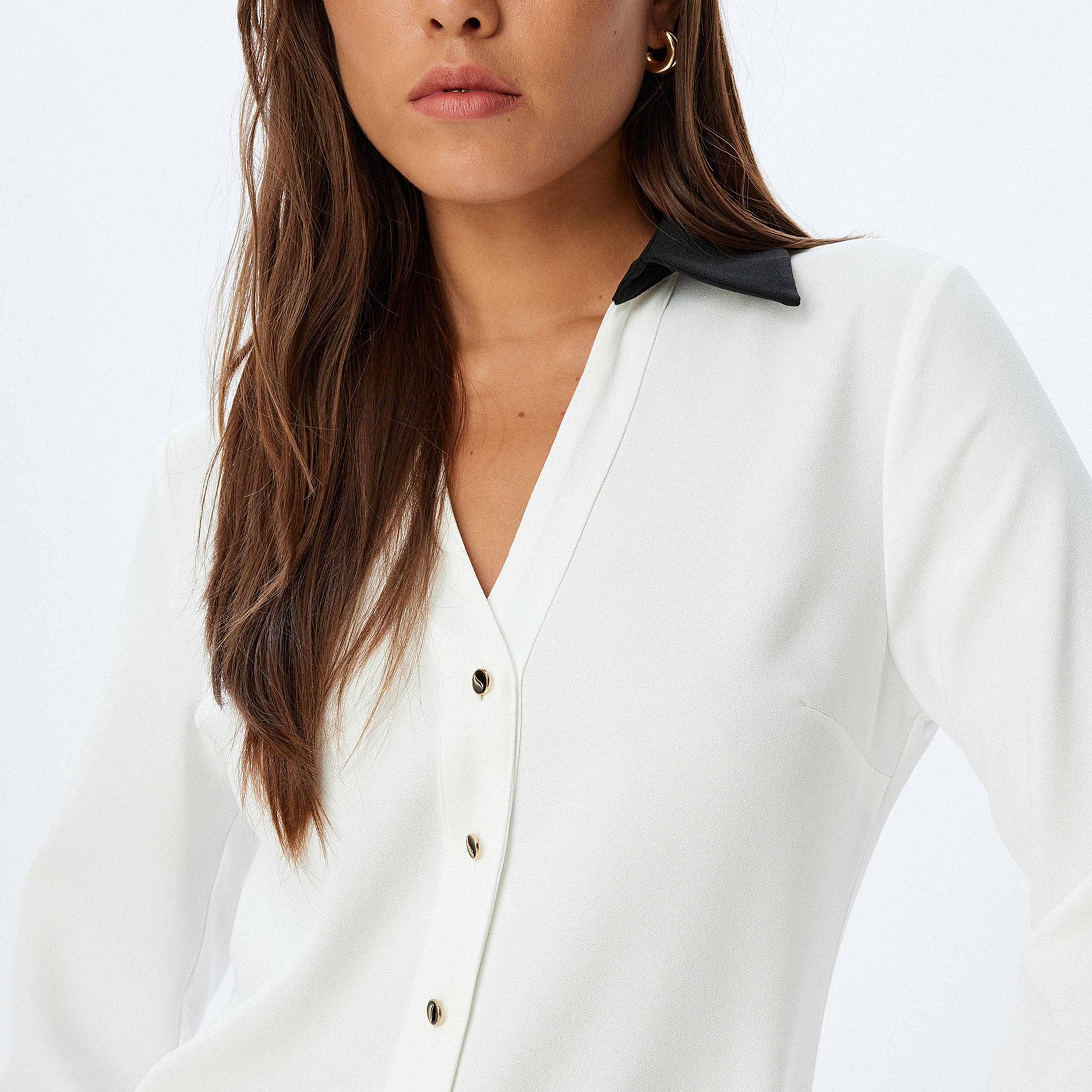 KOTON White Contrast Collared Shirt Women's Mini Dress-women-clothing-dresses-image-2