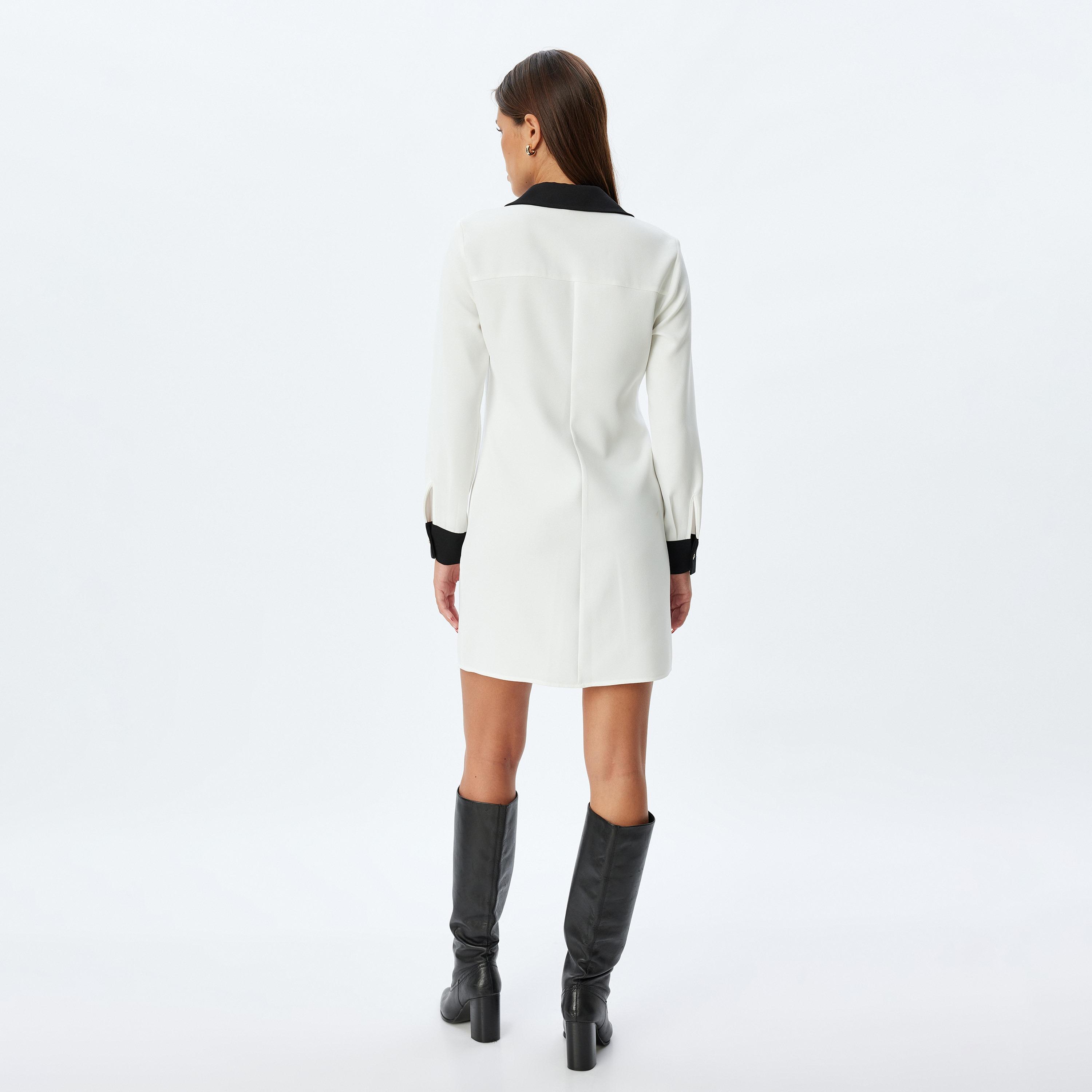 KOTON White Contrast Collared Shirt Women's Mini Dress-women-clothing-dresses-image-3