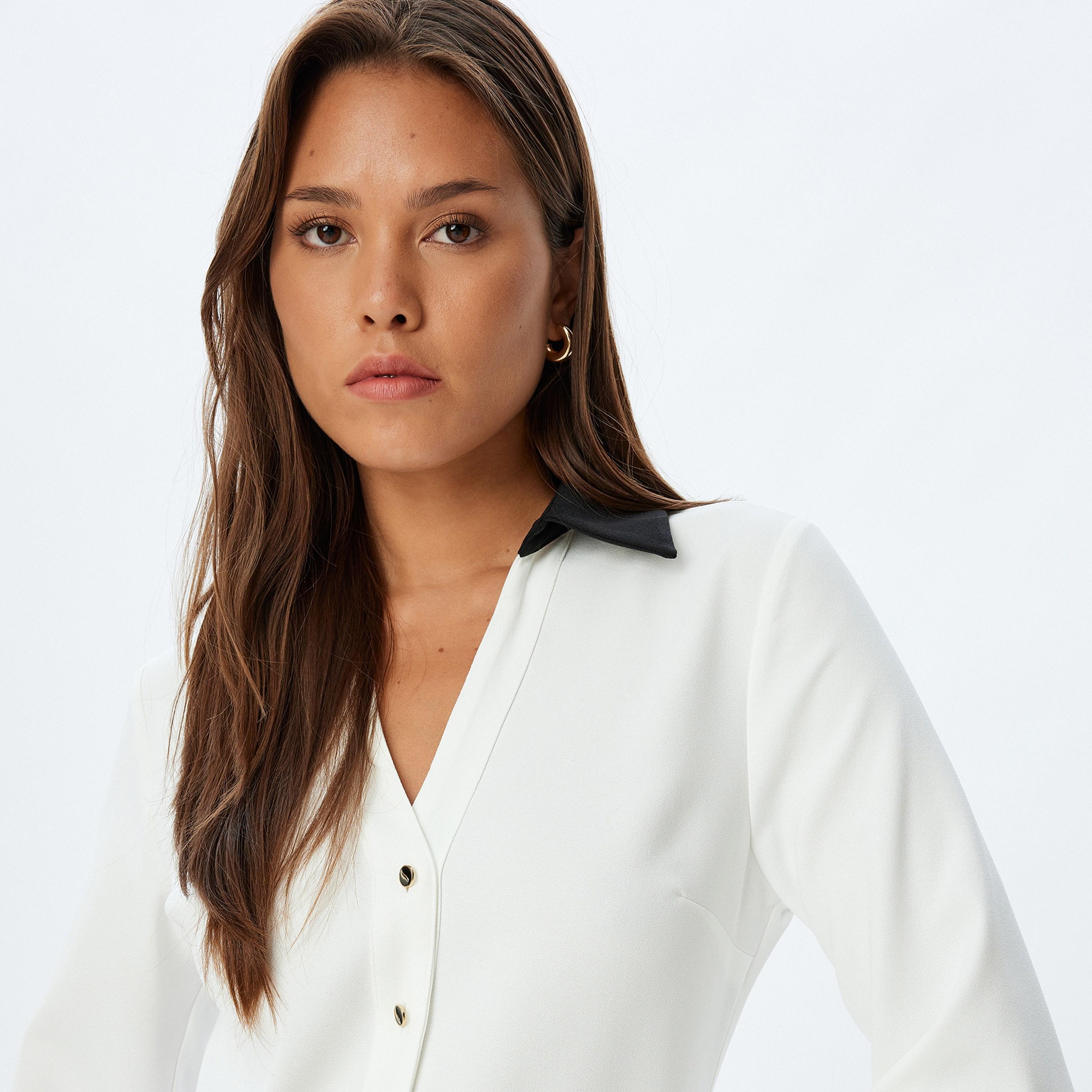 KOTON White Contrast Collared Shirt Women's Mini Dress-women-clothing-dresses-image-4