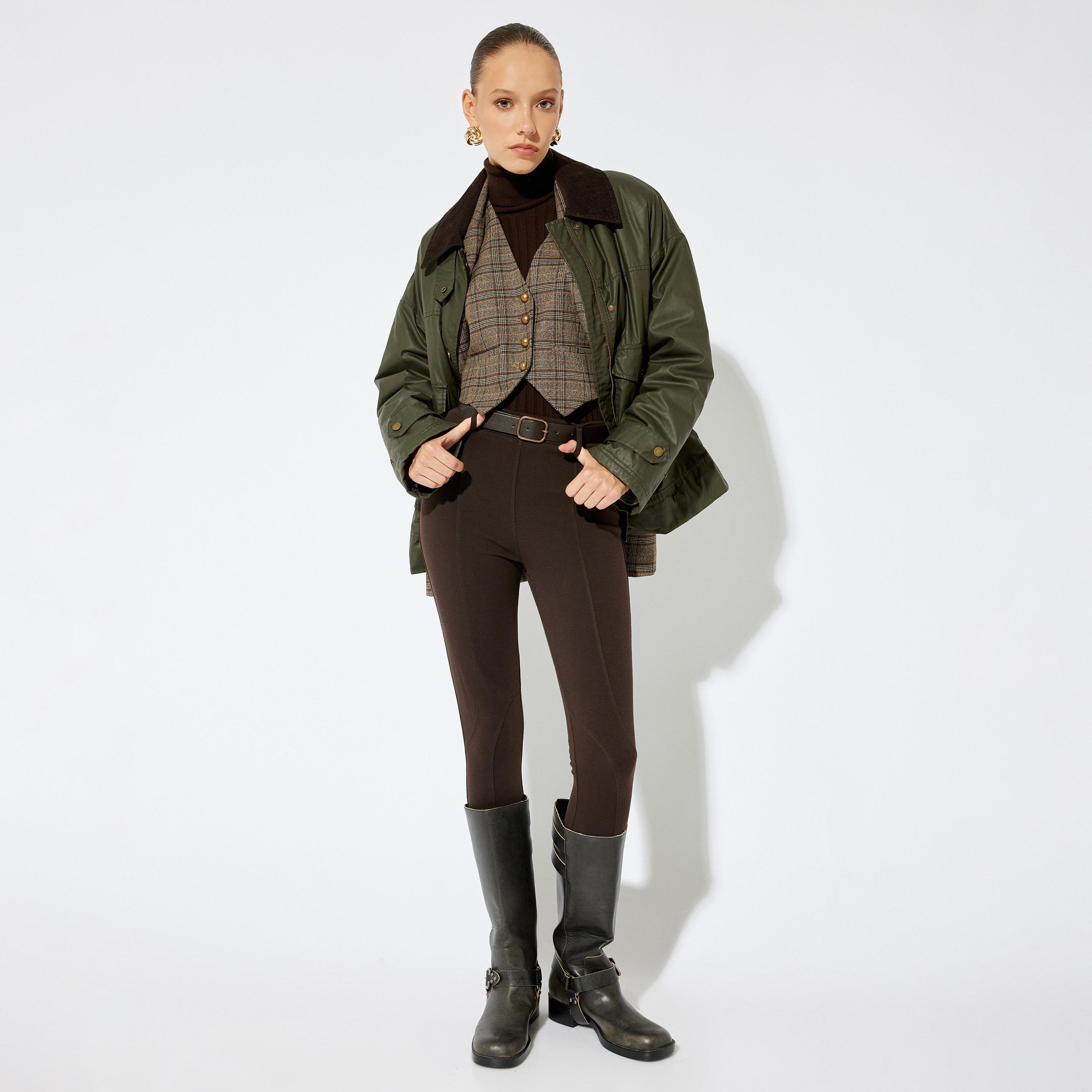 بنطال تريغينغز (قماش مطاطي سميك) نسائي بلون بني من كوتون-women-clothing-leggings-image-2