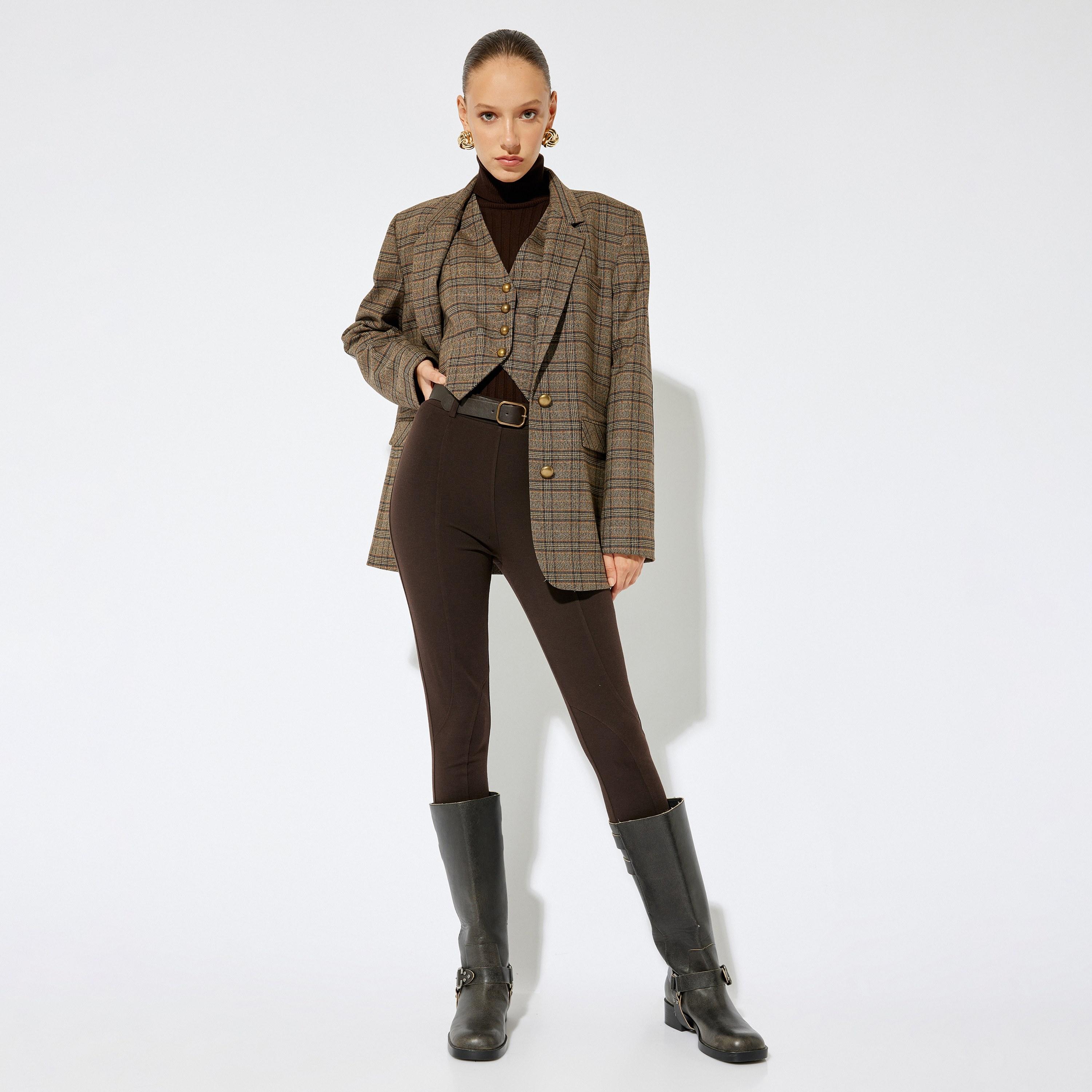 بنطال تريغينغز (قماش مطاطي سميك) نسائي بلون بني من كوتون-women-clothing-leggings-image-3