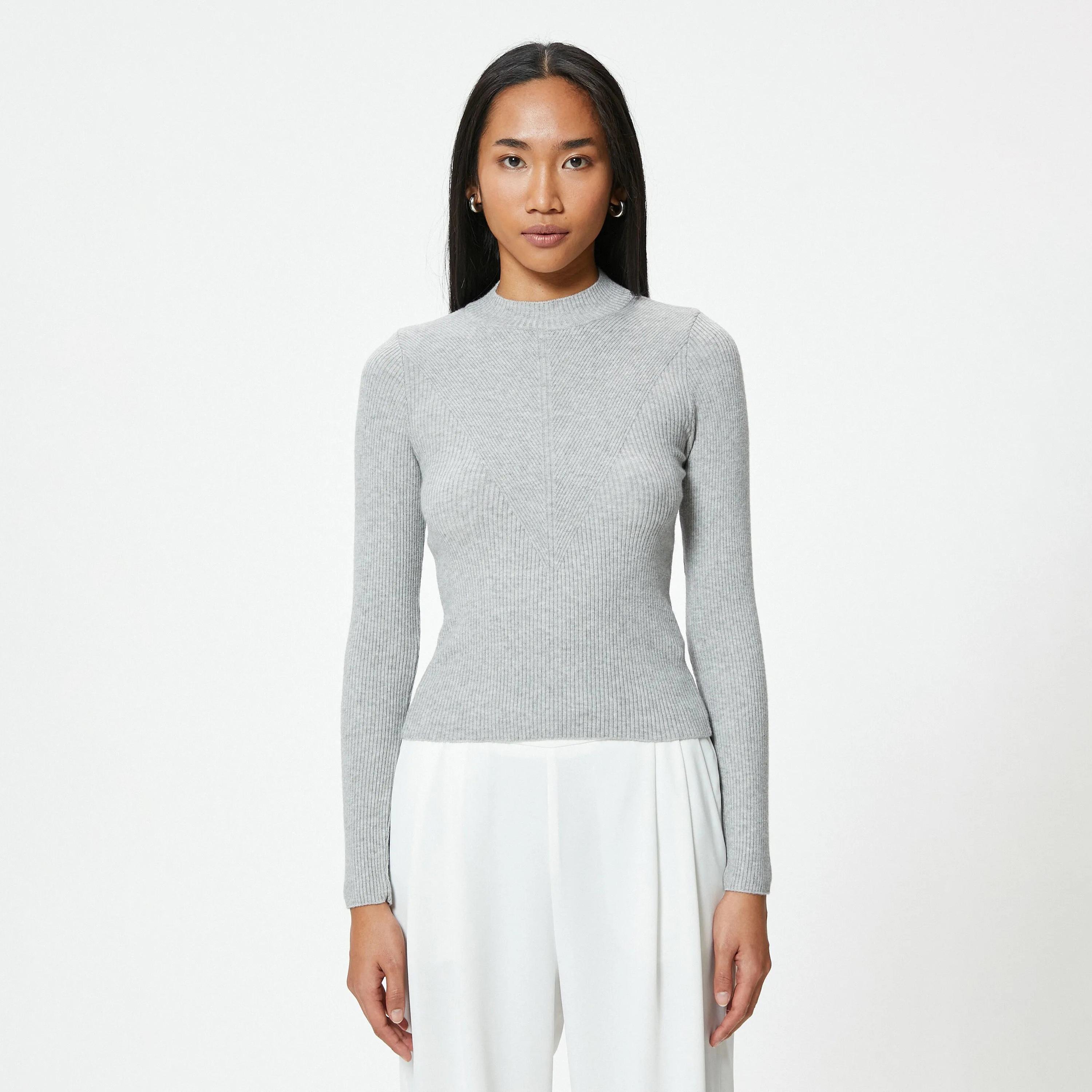 KOTON Grey Ribbed Mock Neck Women's Sweater-women-winterwear-cardigansandjumpers-jumpers-image-1