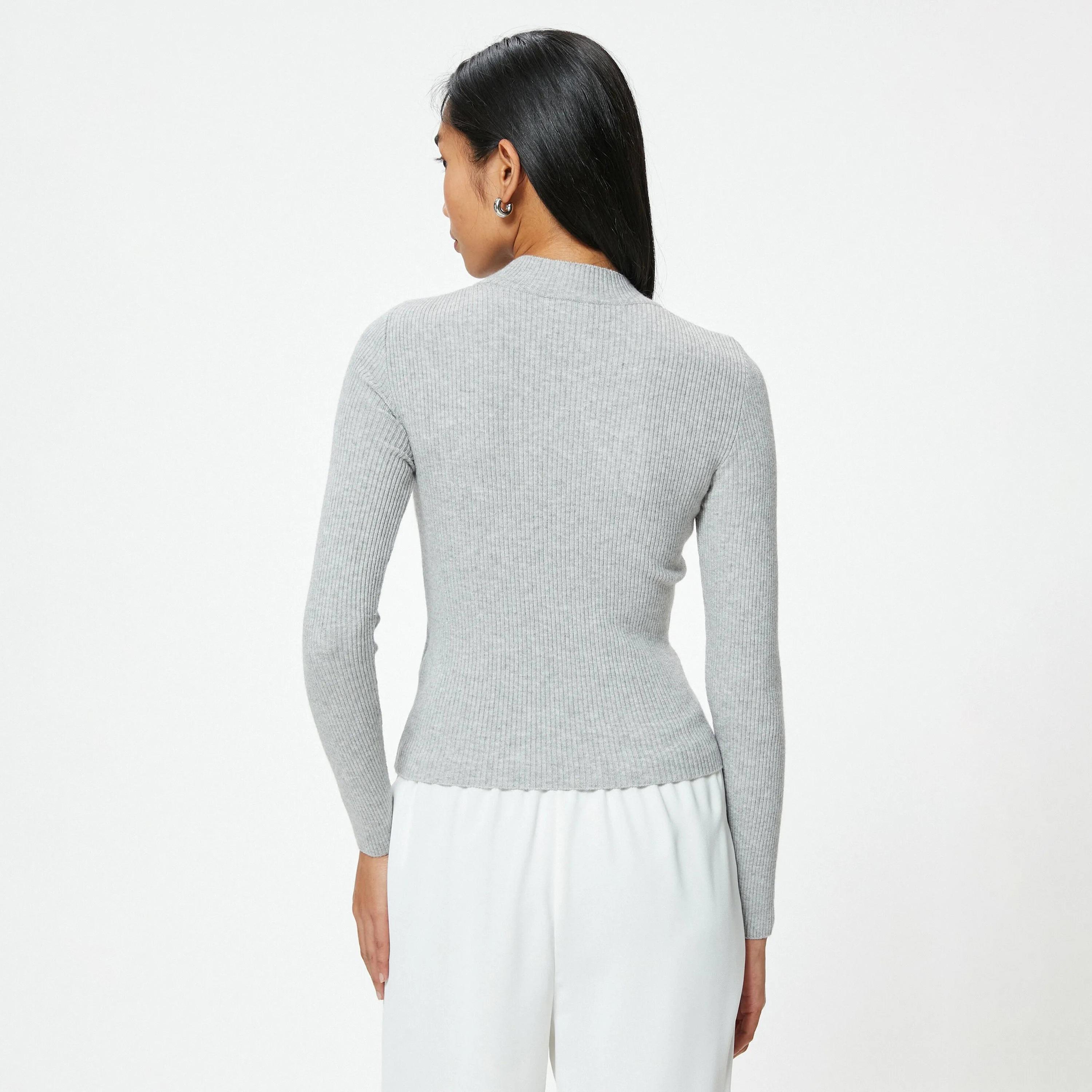 KOTON Grey Ribbed Mock Neck Women's Sweater-women-winterwear-cardigansandjumpers-jumpers-image-3