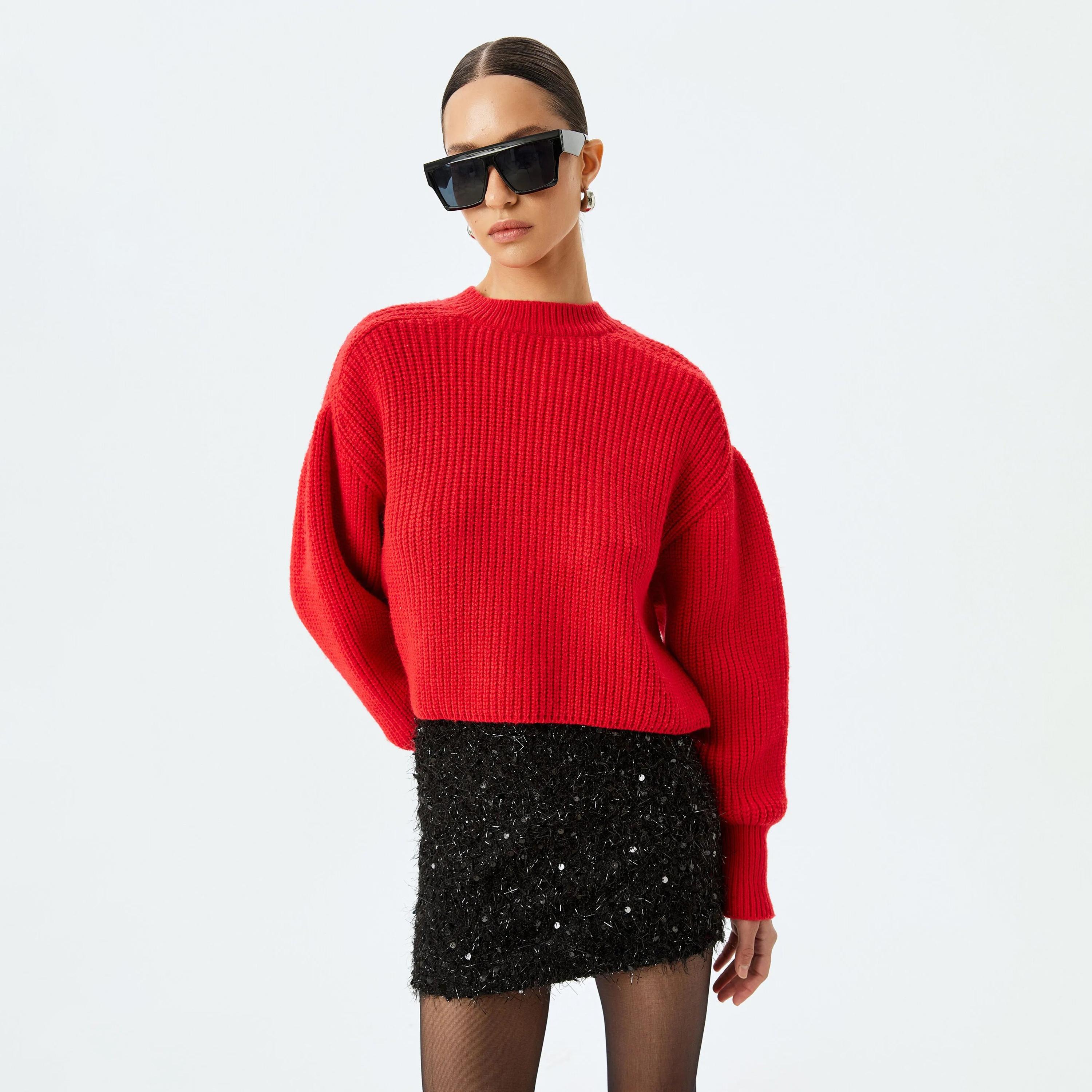 كارديجان نسائي أحمر محبوك بأكمام منفوخة من الأكريليك من كوتون-women-winterwear-cardigansandjumpers-cardigans-image-1