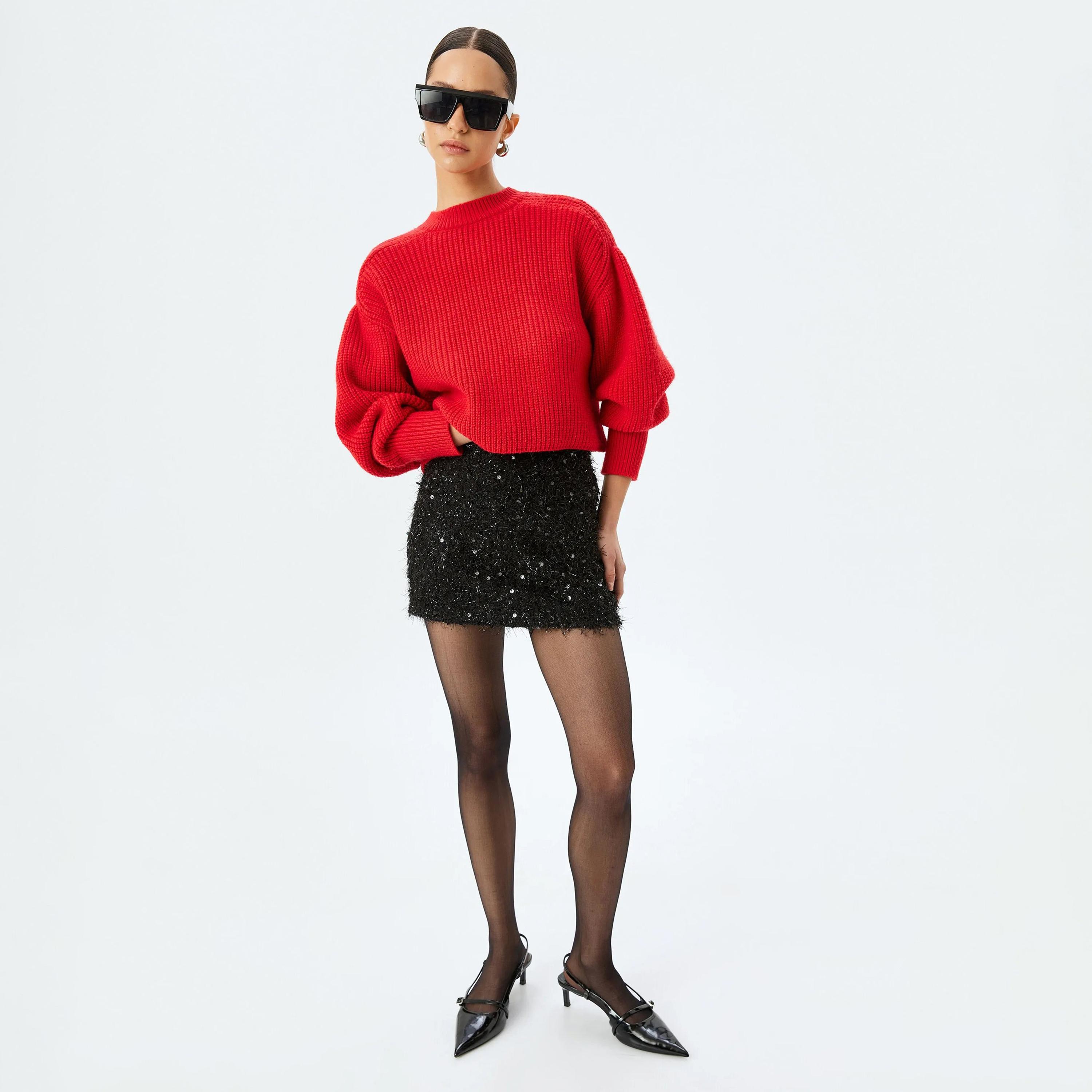 كارديجان نسائي أحمر محبوك بأكمام منفوخة من الأكريليك من كوتون-women-winterwear-cardigansandjumpers-cardigans-image-2
