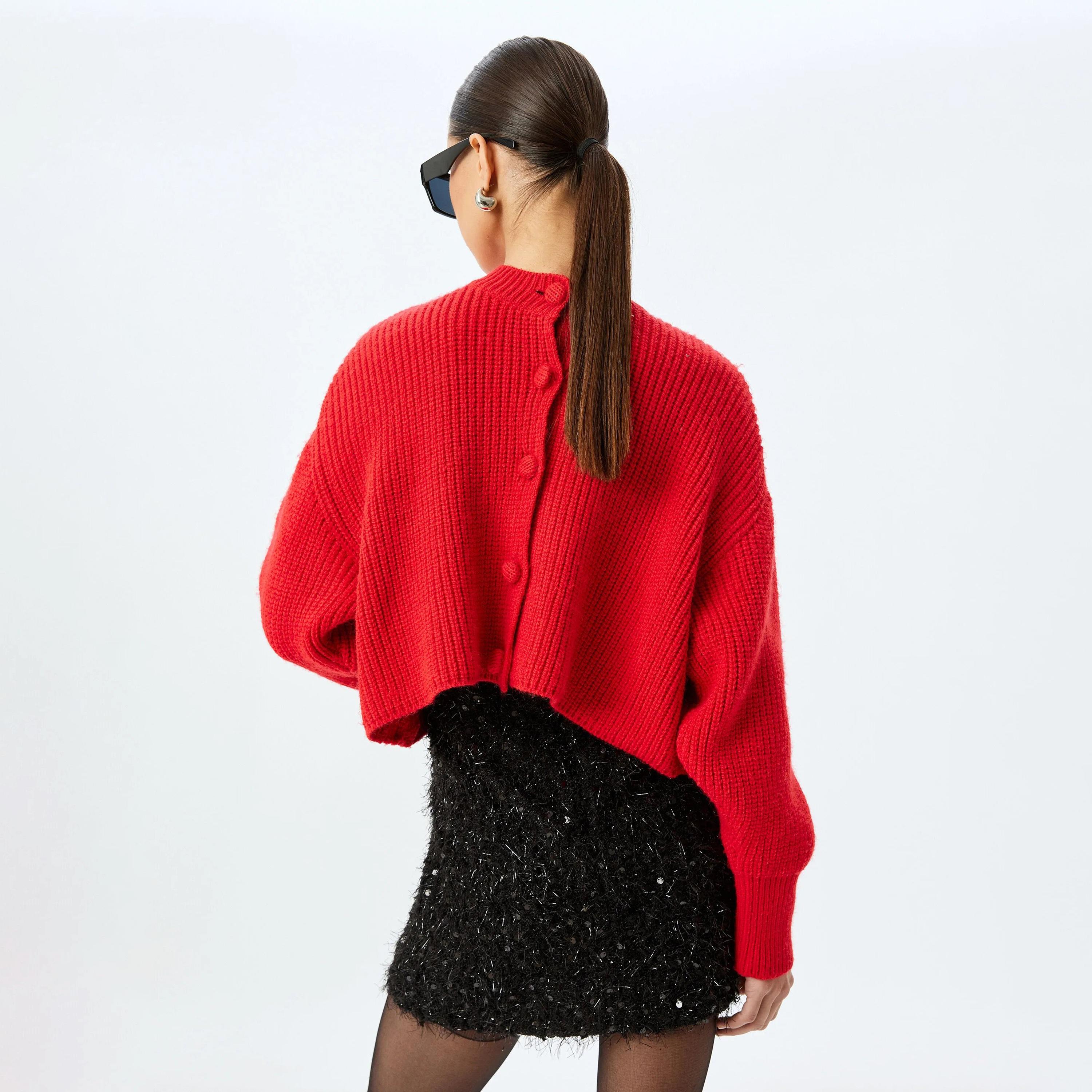 كارديجان نسائي أحمر محبوك بأكمام منفوخة من الأكريليك من كوتون-women-winterwear-cardigansandjumpers-cardigans-image-3