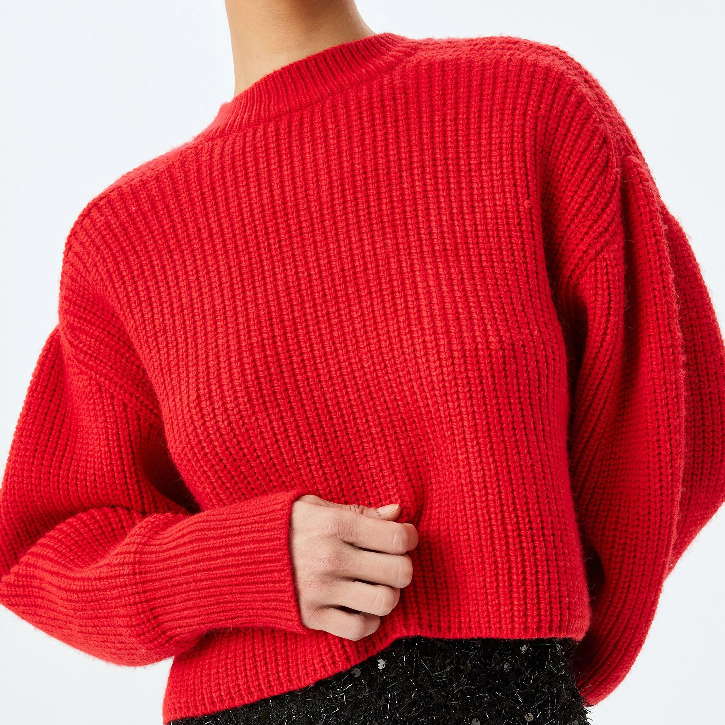 كارديجان نسائي أحمر محبوك بأكمام منفوخة من الأكريليك من كوتون-women-winterwear-cardigansandjumpers-cardigans-image-4