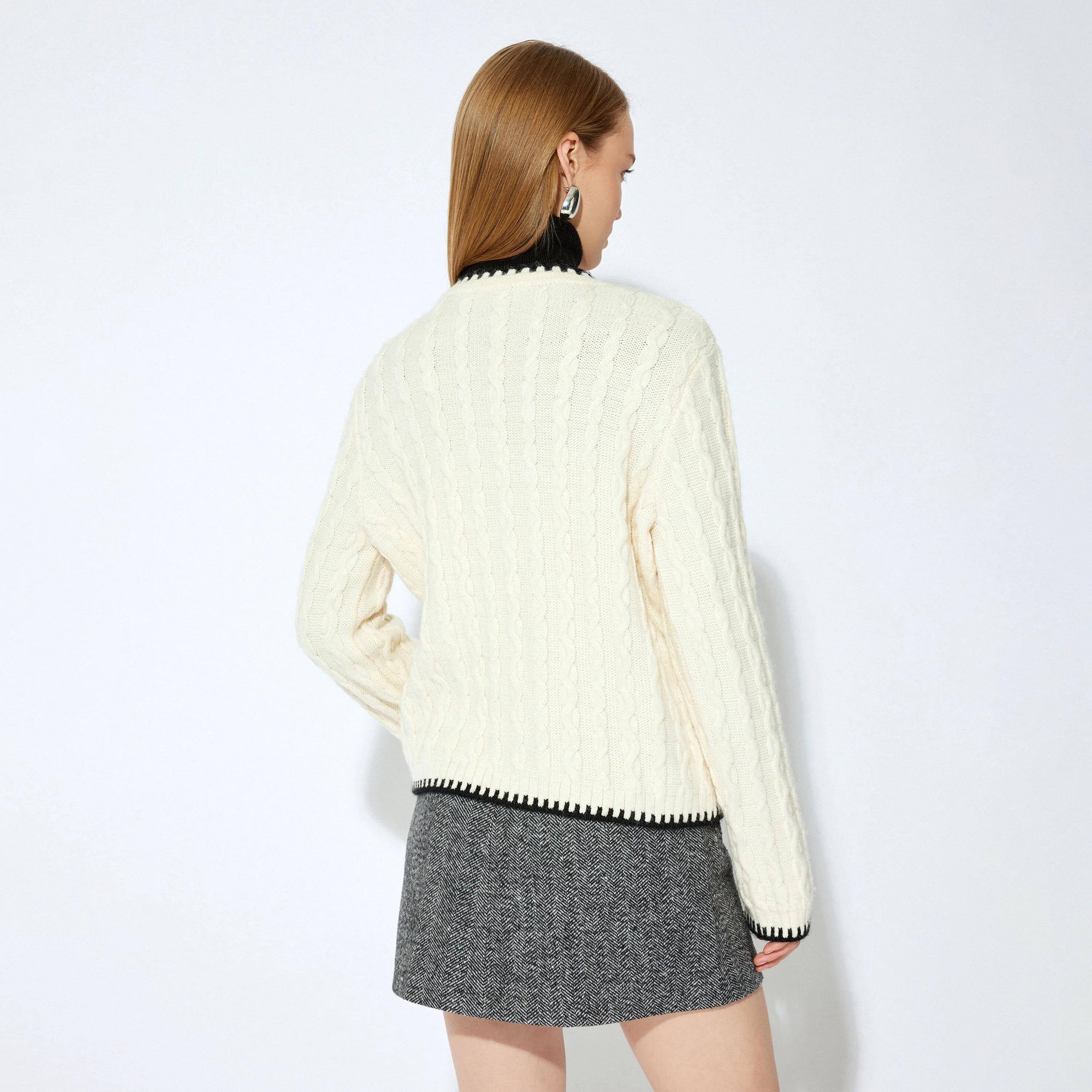 KOTON Cream Cable Knitted High Neck Women's Cardigan-women-winterwear-cardigansandjumpers-cardigans-image-3