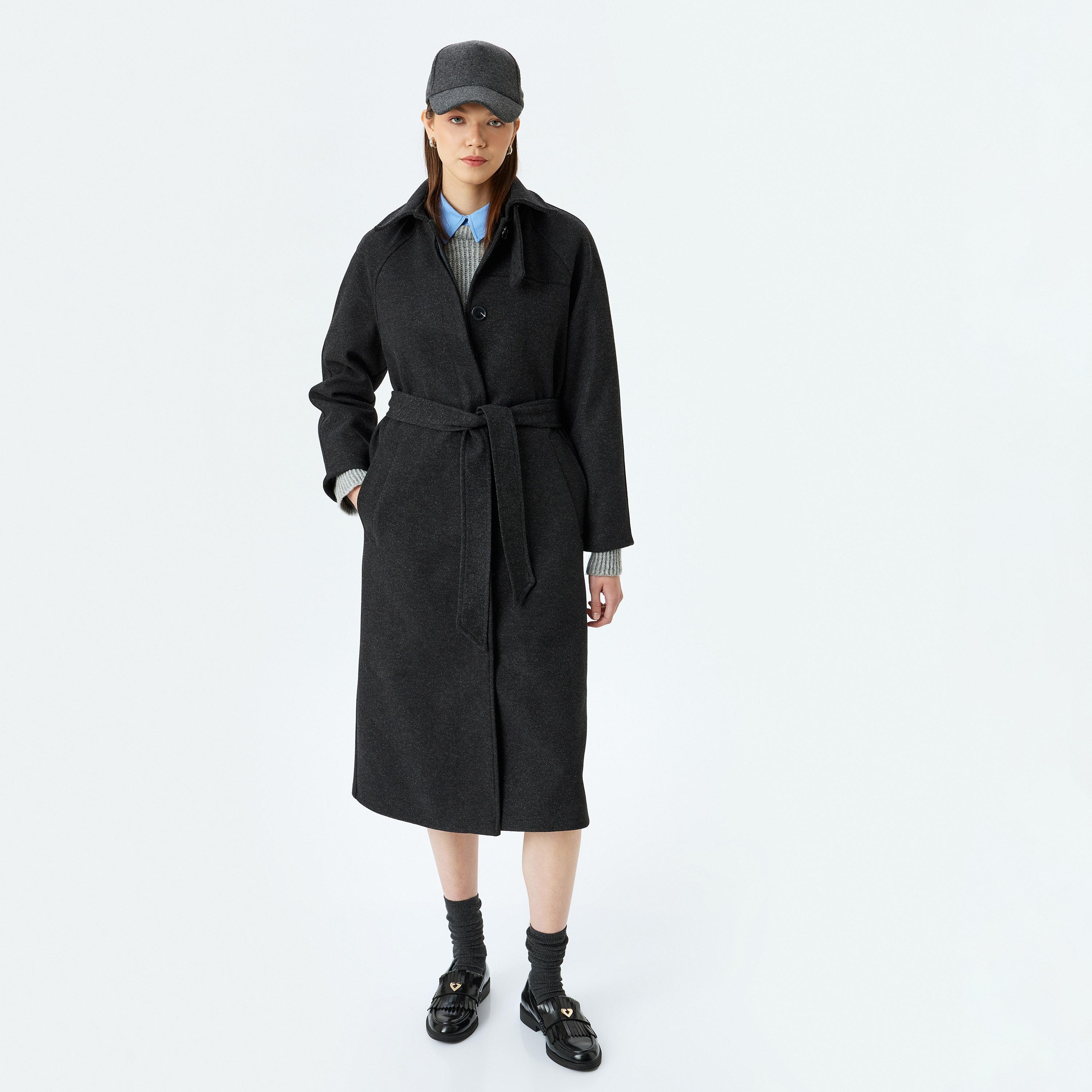 KOTON Charcoal Collared Women's Overcoat-women-winterwear-coatsandjackets-coats-image-1
