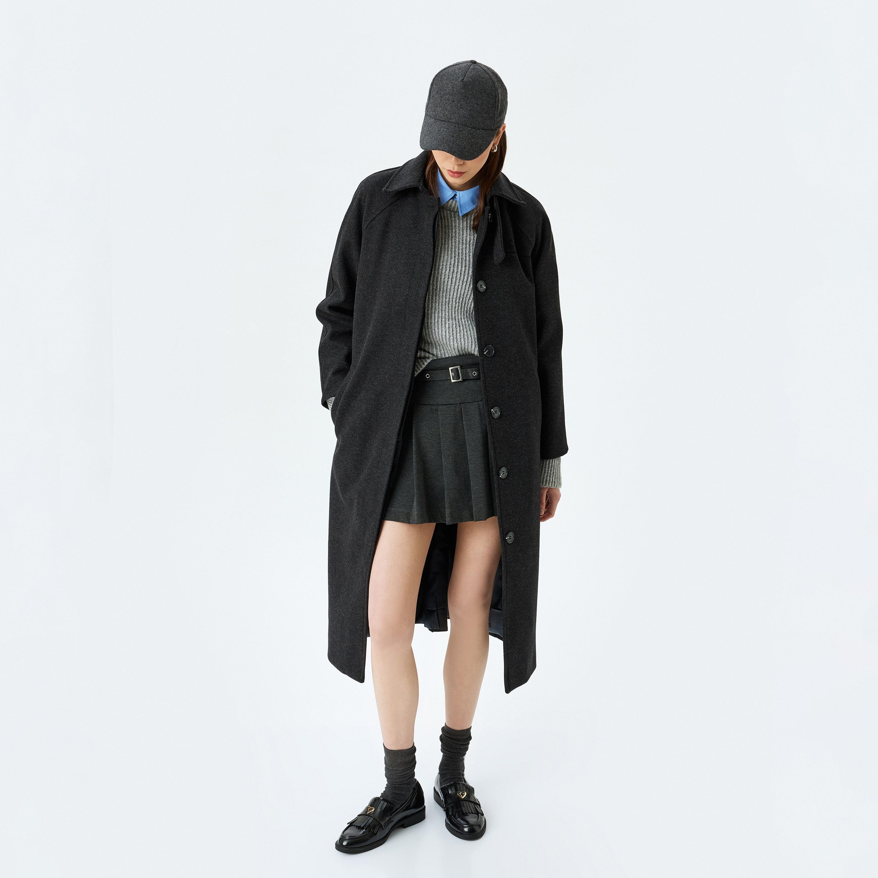 معطف (أوفر كوت) نسائي بياقة قميص بلون رمادي فحمى من كوتون-women-winterwear-coatsandjackets-coats-image-4