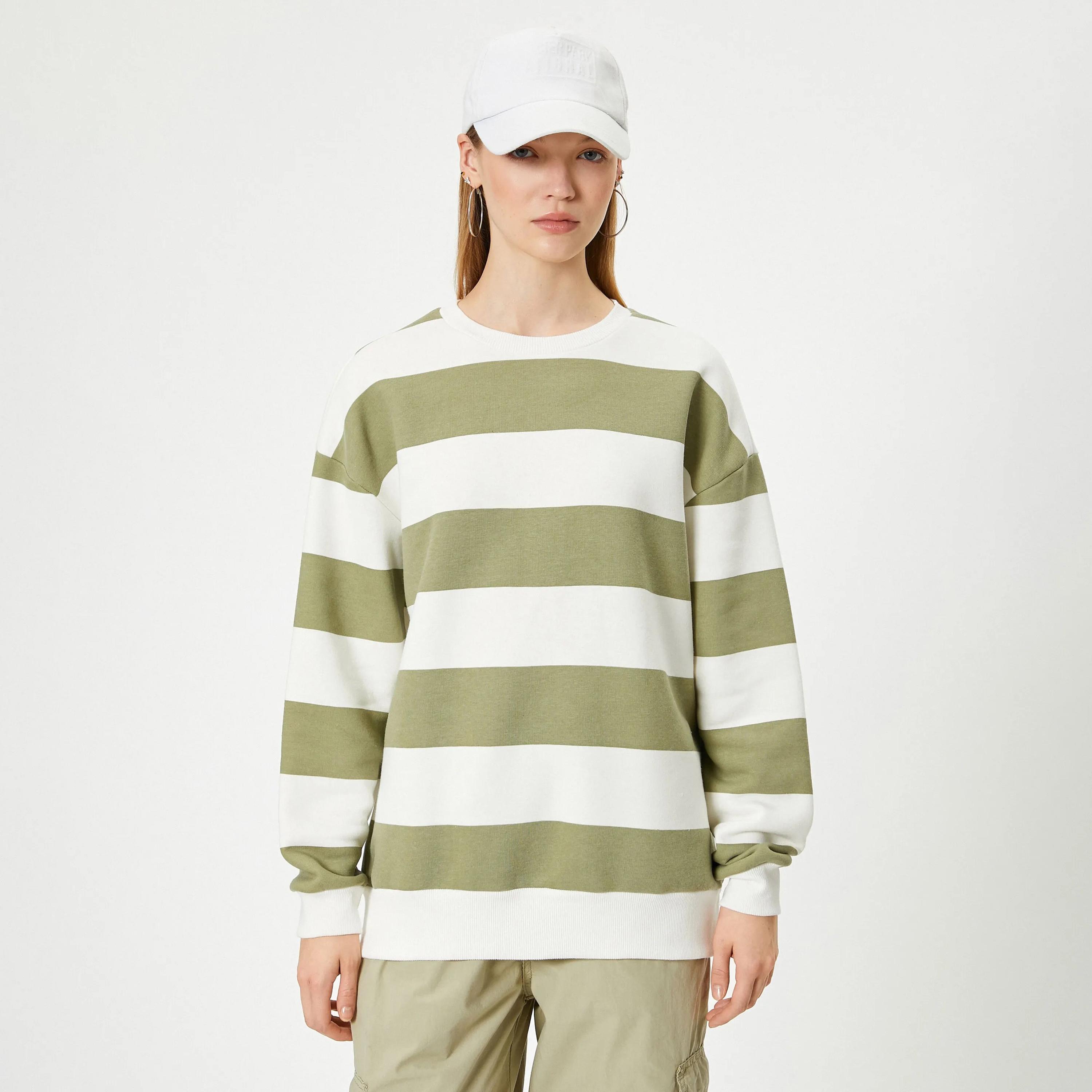 KOTON Green Striped Dropped Sleeves Women's Sweatshirt-women-clothing-hoodiesandsweatshirts-sweatshirts-image-1