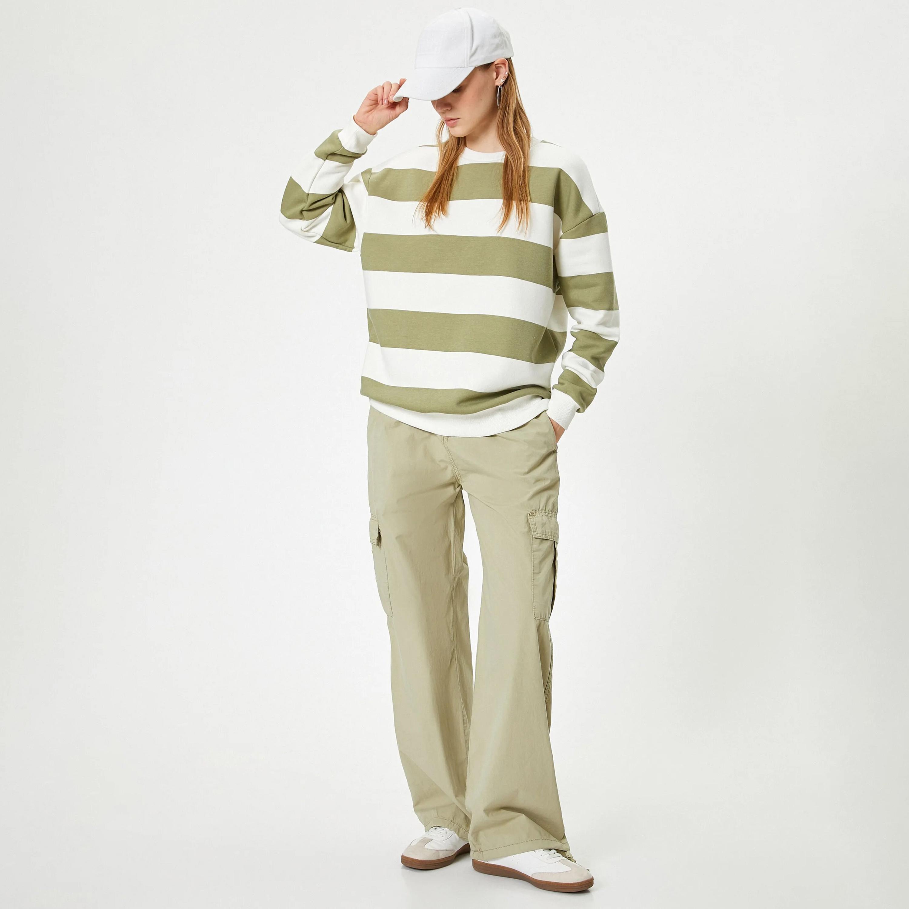 KOTON Green Striped Dropped Sleeves Women's Sweatshirt-women-clothing-hoodiesandsweatshirts-sweatshirts-image-2