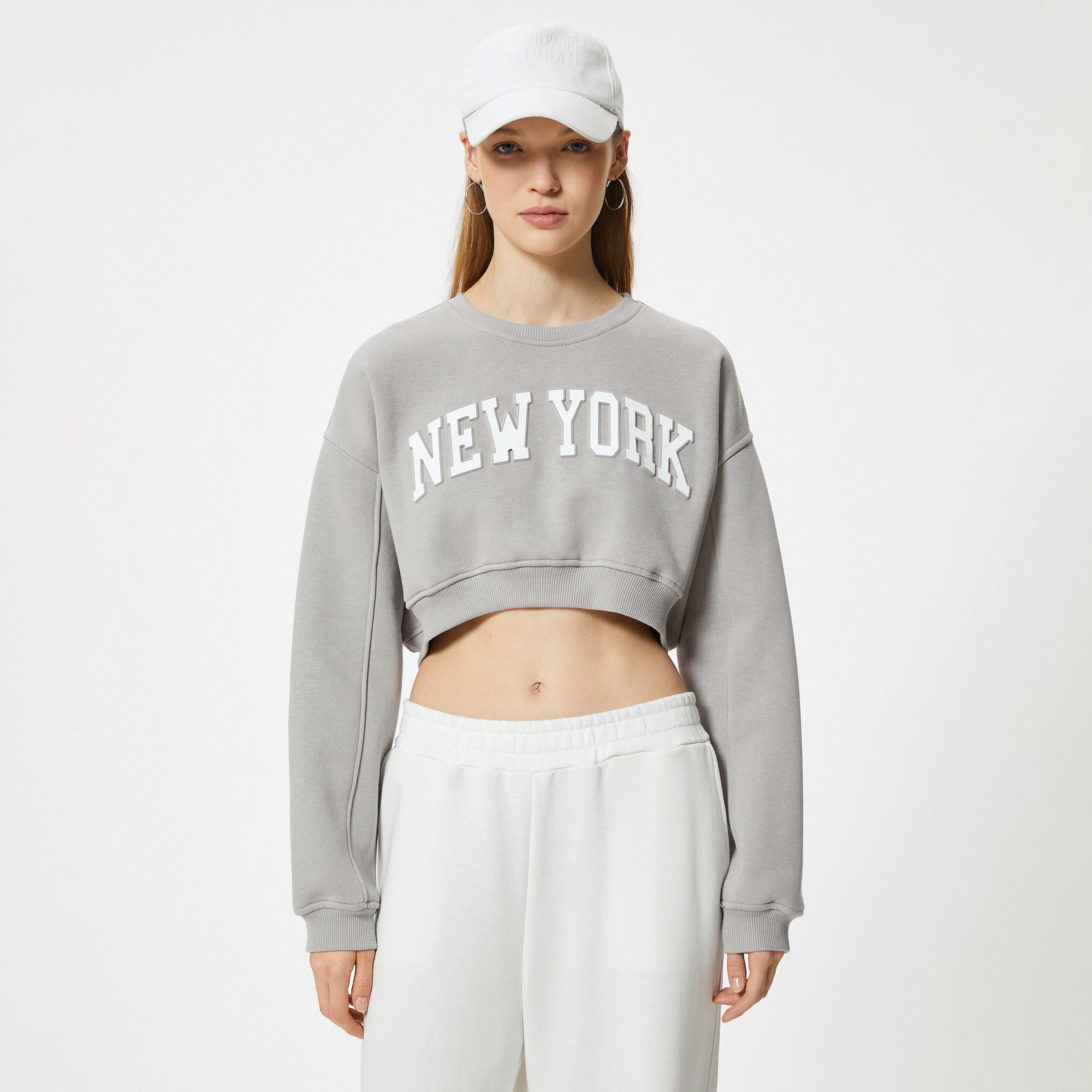 KOTON Grey Embossed Text Dropped Sleeves Women's Cropped Sweatshirt-women-clothing-hoodiesandsweatshirts-sweatshirts-image-1
