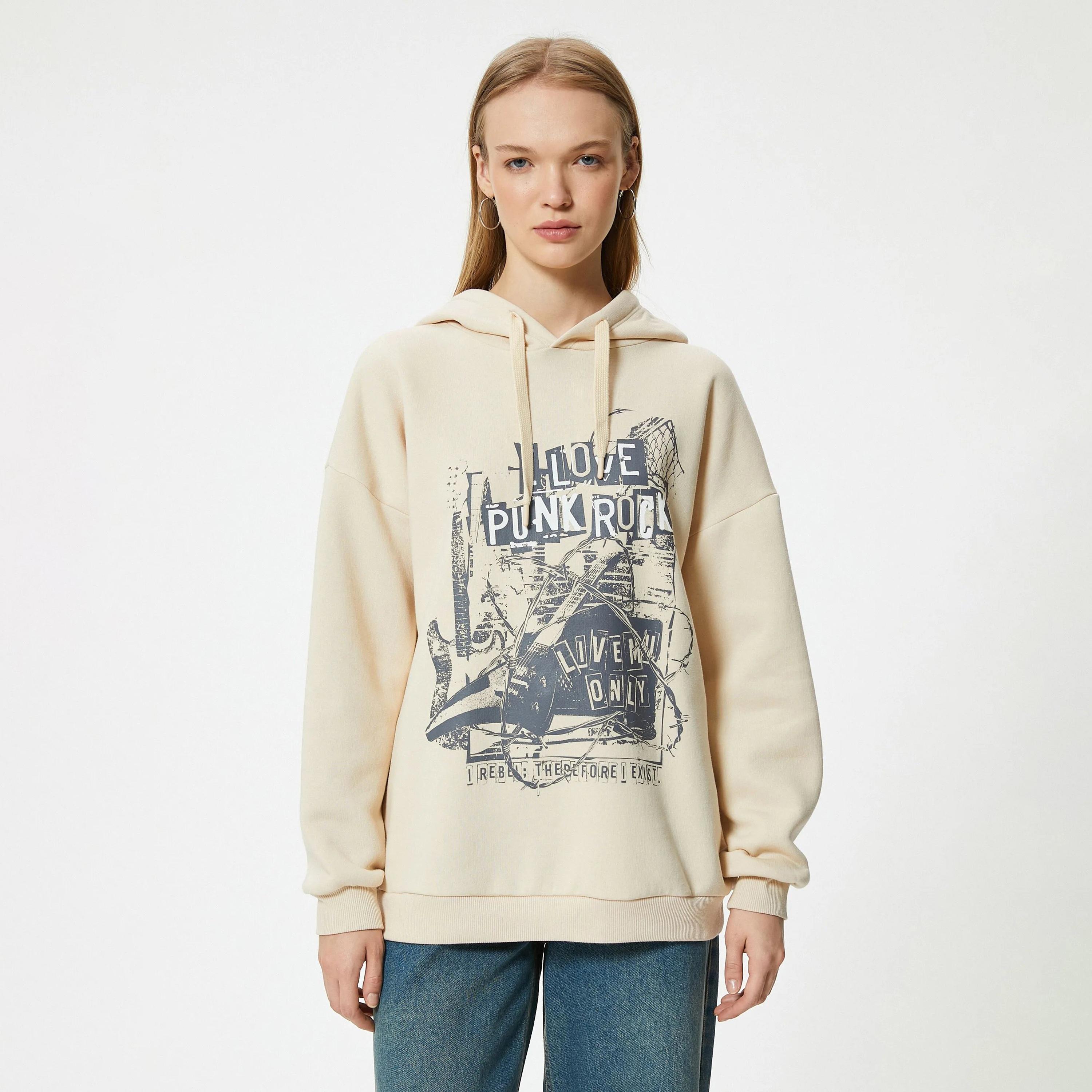KOTON Beige Graphic Hooded Neck Dropped Sleeves Women's Sweatshirt-women-clothing-hoodiesandsweatshirts-sweatshirts-image-1
