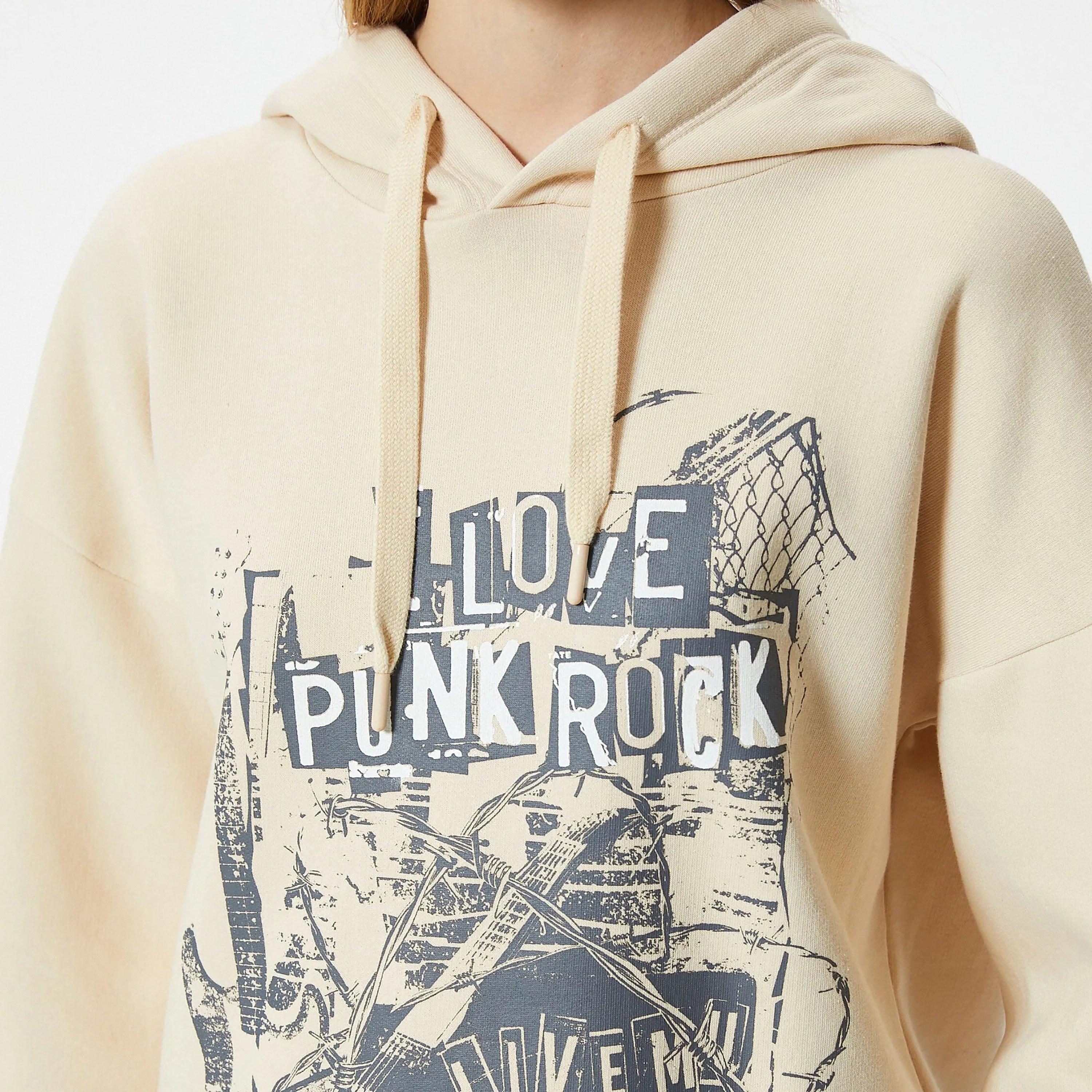 KOTON Beige Graphic Hooded Neck Dropped Sleeves Women's Sweatshirt-women-clothing-hoodiesandsweatshirts-sweatshirts-image-4
