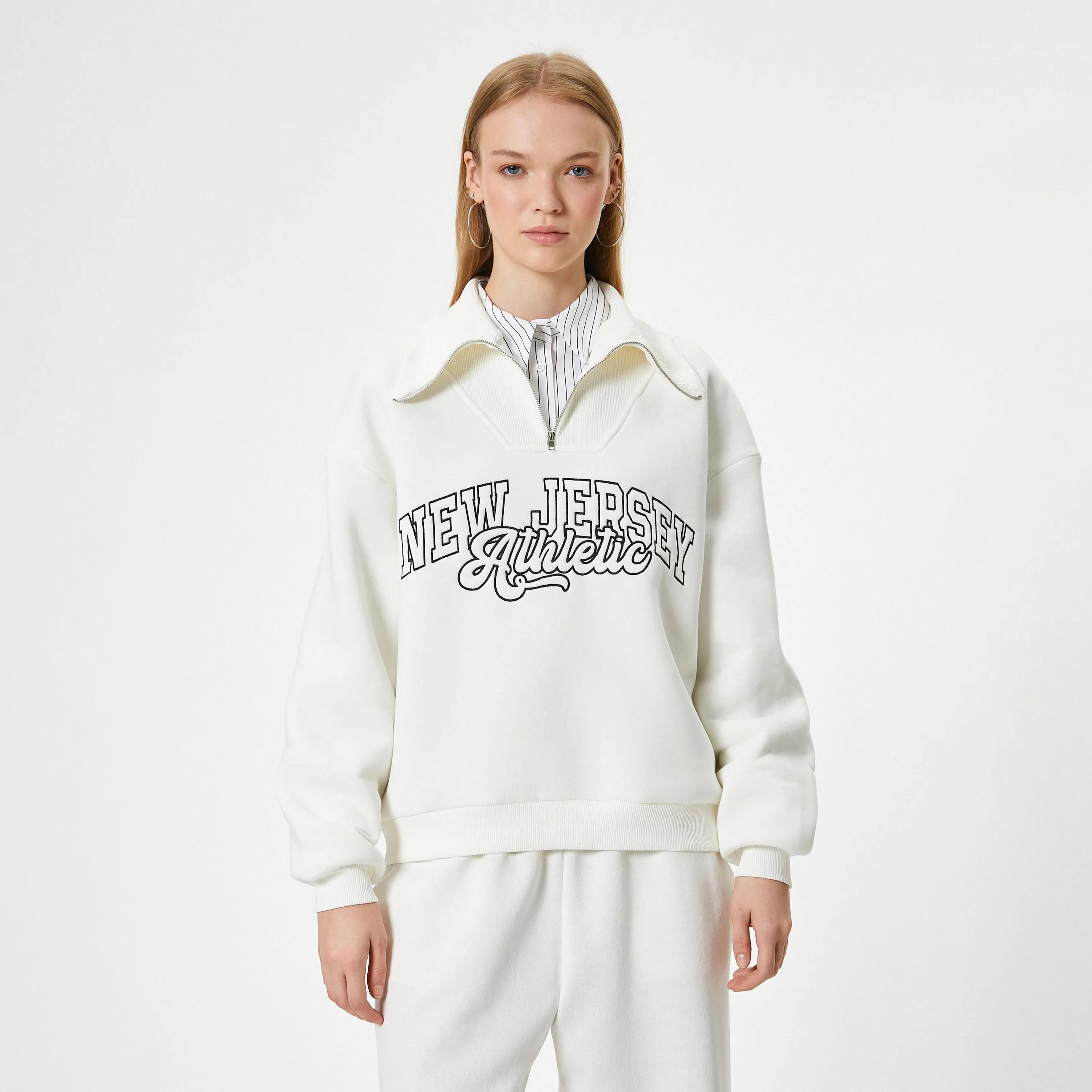KOTON White Embroidered-Text Collared Dropped Sleeves Women's Sweatshirt-women-clothing-hoodiesandsweatshirts-sweatshirts-image-1