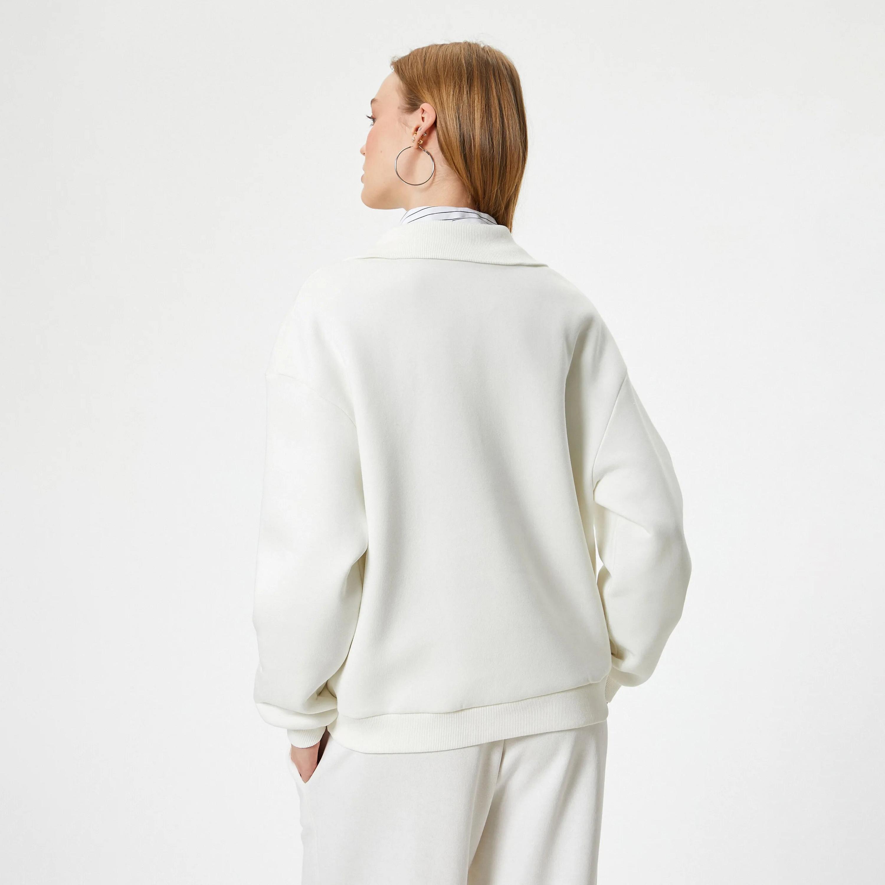 KOTON White Embroidered-Text Collared Dropped Sleeves Women's Sweatshirt-women-clothing-hoodiesandsweatshirts-sweatshirts-image-3
