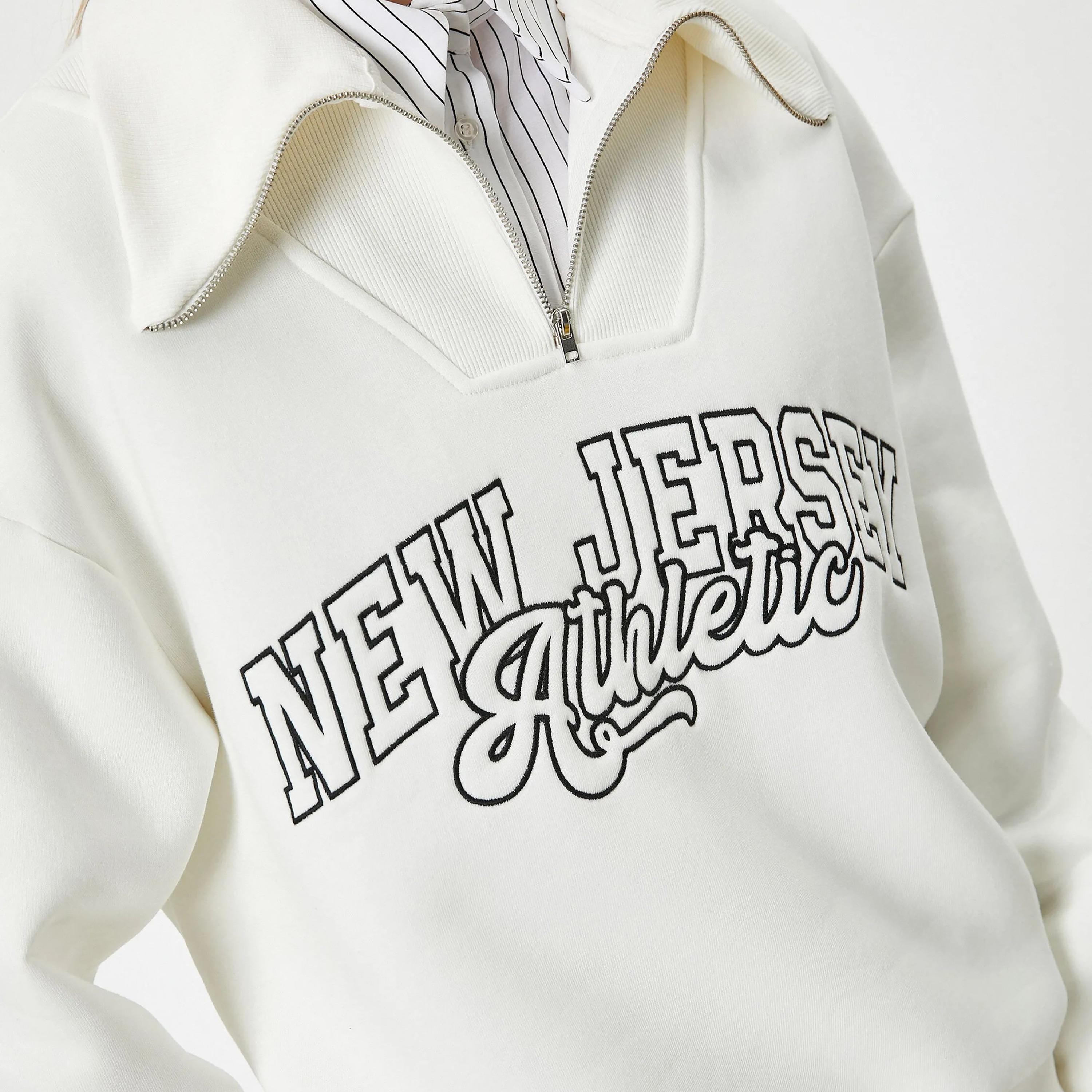 KOTON White Embroidered-Text Collared Dropped Sleeves Women's Sweatshirt-women-clothing-hoodiesandsweatshirts-sweatshirts-image-4