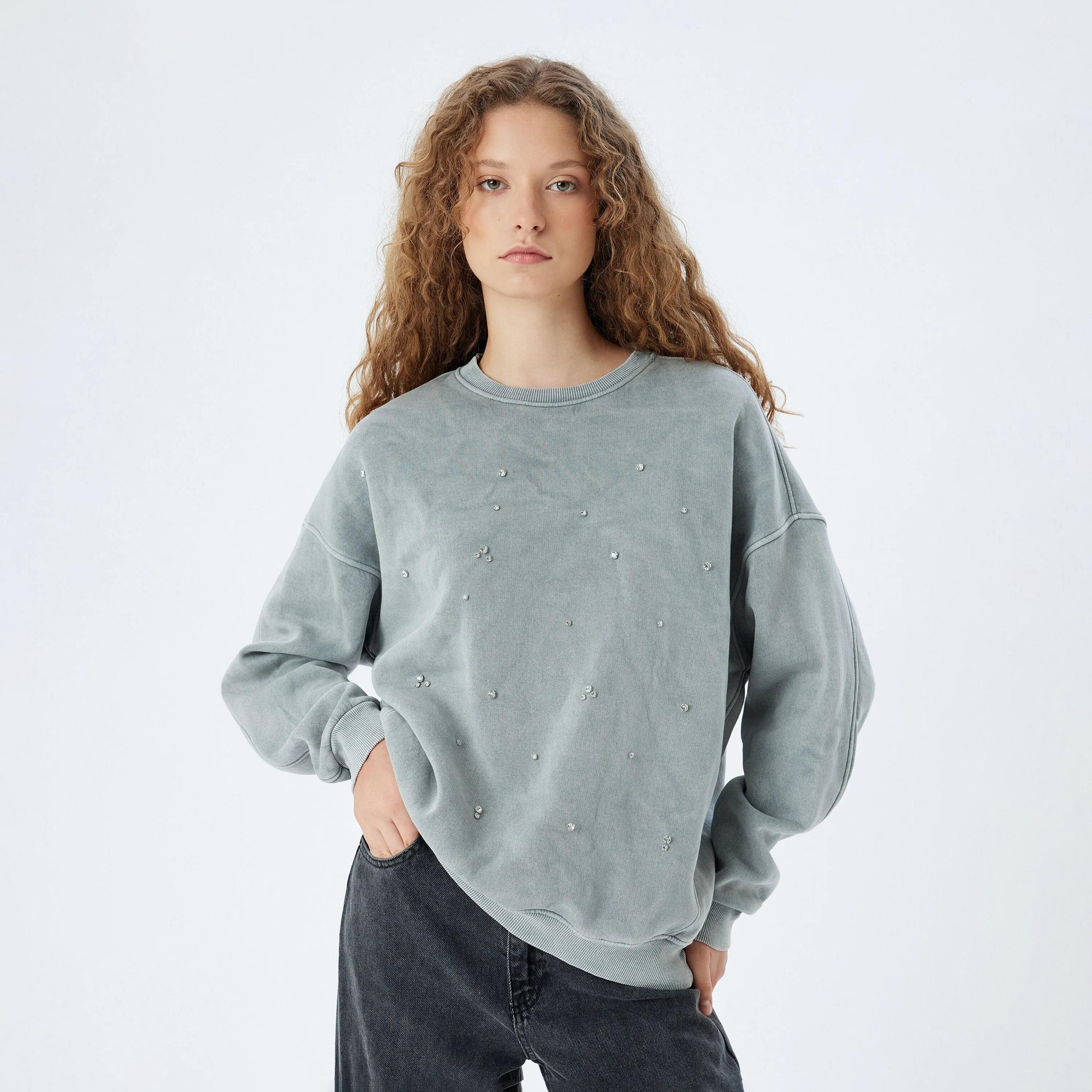 KOTON Grey Rhinestone Dropped Sleeves Women's Sweatshirt-women-clothing-hoodiesandsweatshirts-sweatshirts-image-1