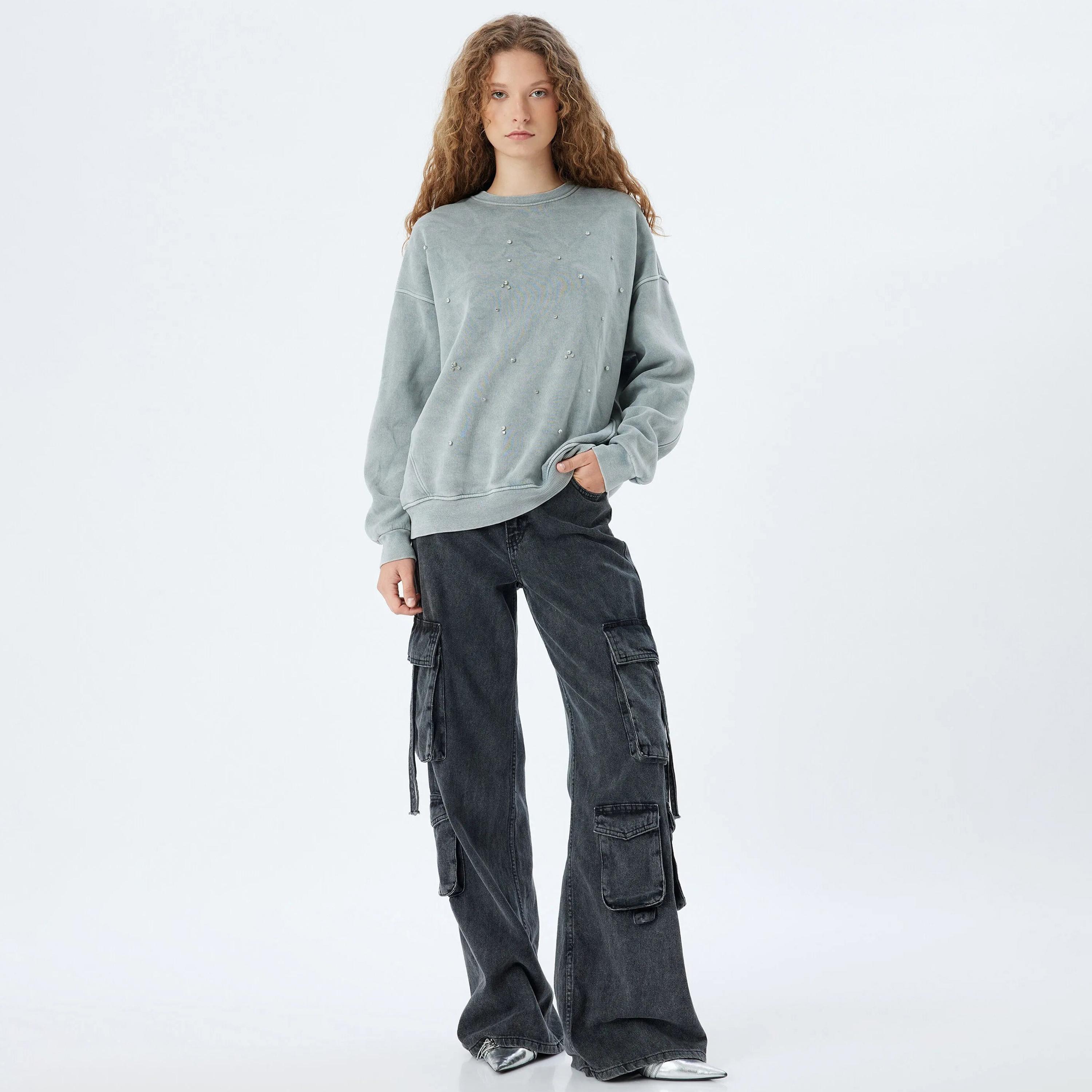 KOTON Grey Rhinestone Dropped Sleeves Women's Sweatshirt-women-clothing-hoodiesandsweatshirts-sweatshirts-image-2
