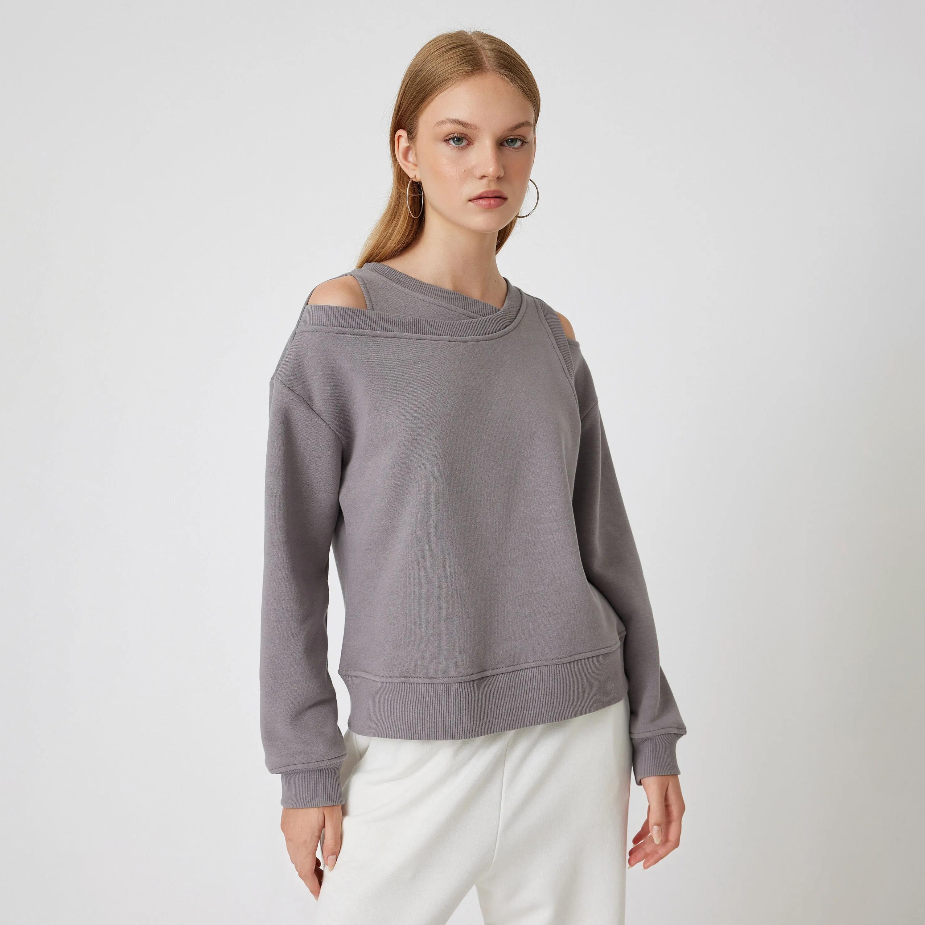 KOTON Grey Asymmetric Neck Dropped Sleeves Women's Sweatshirt-women-clothing-hoodiesandsweatshirts-sweatshirts-image-1