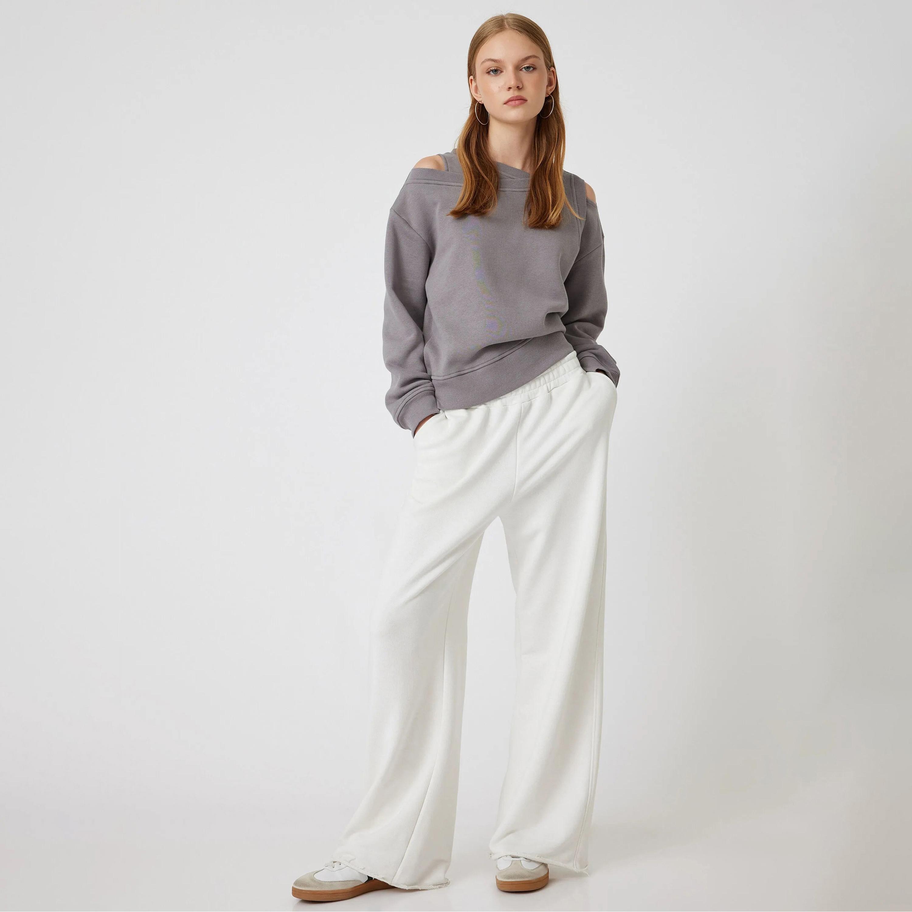 KOTON Grey Asymmetric Neck Dropped Sleeves Women's Sweatshirt-women-clothing-hoodiesandsweatshirts-sweatshirts-image-2