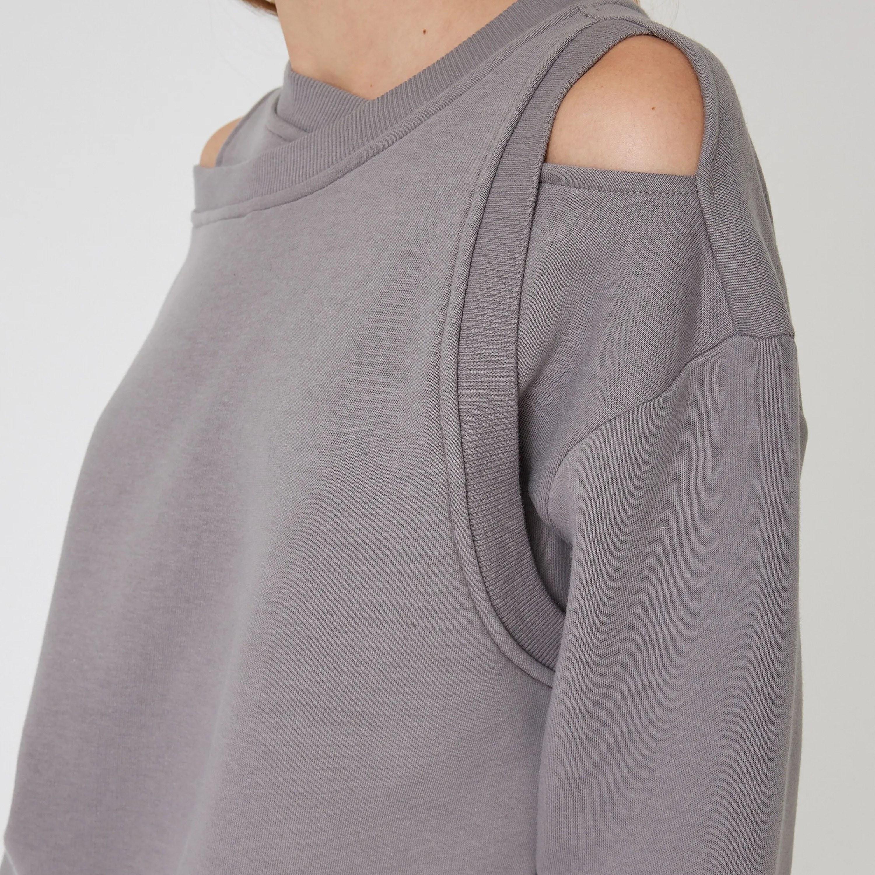 KOTON Grey Asymmetric Neck Dropped Sleeves Women's Sweatshirt-women-clothing-hoodiesandsweatshirts-sweatshirts-image-4