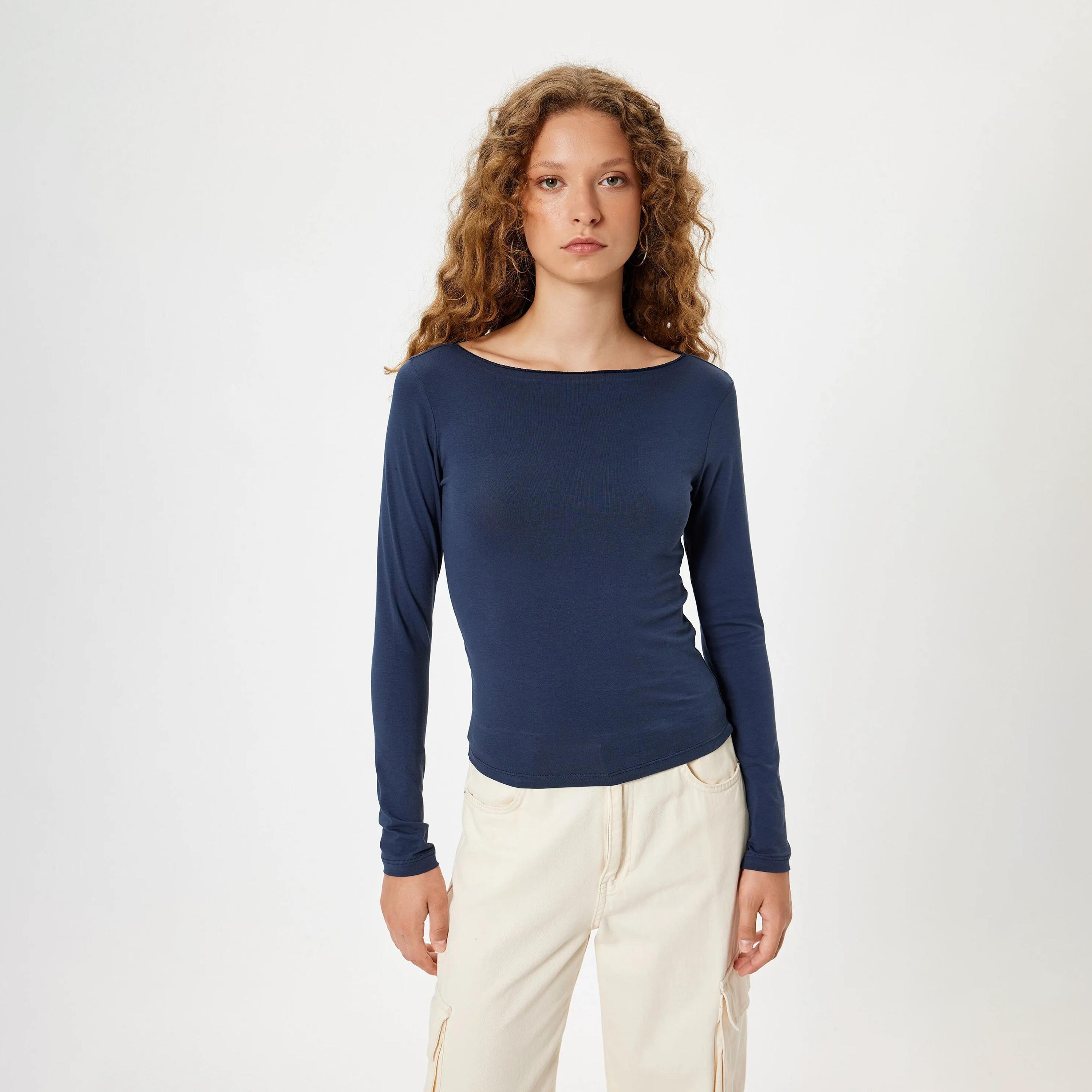 KOTON Blue Boat Neck Women's Top-women-clothing-shirtsandblouses-blouses-image-1