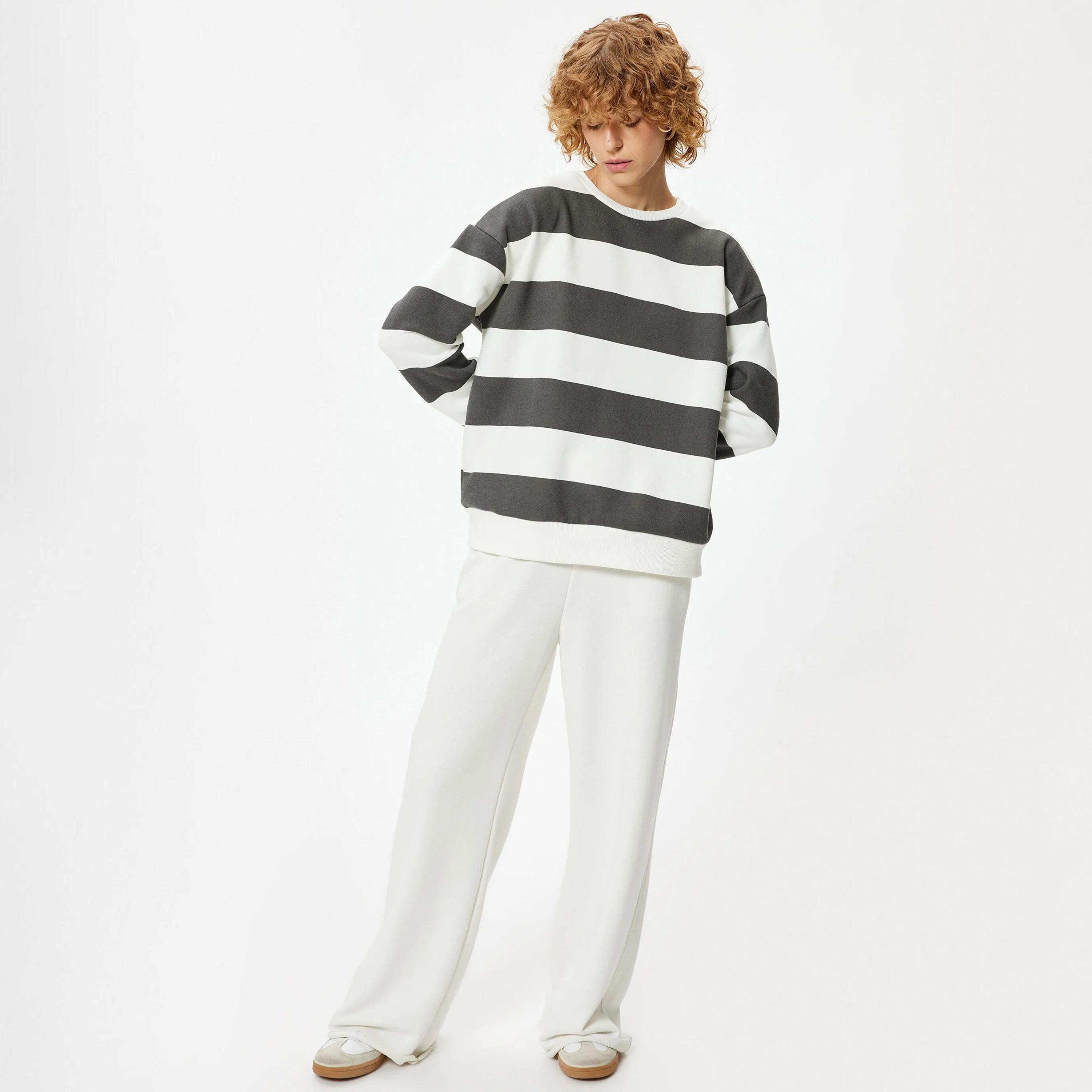 KOTON Grey Striped Dropped Sleeves Women's Sweatshirt-women-clothing-hoodiesandsweatshirts-sweatshirts-image-2