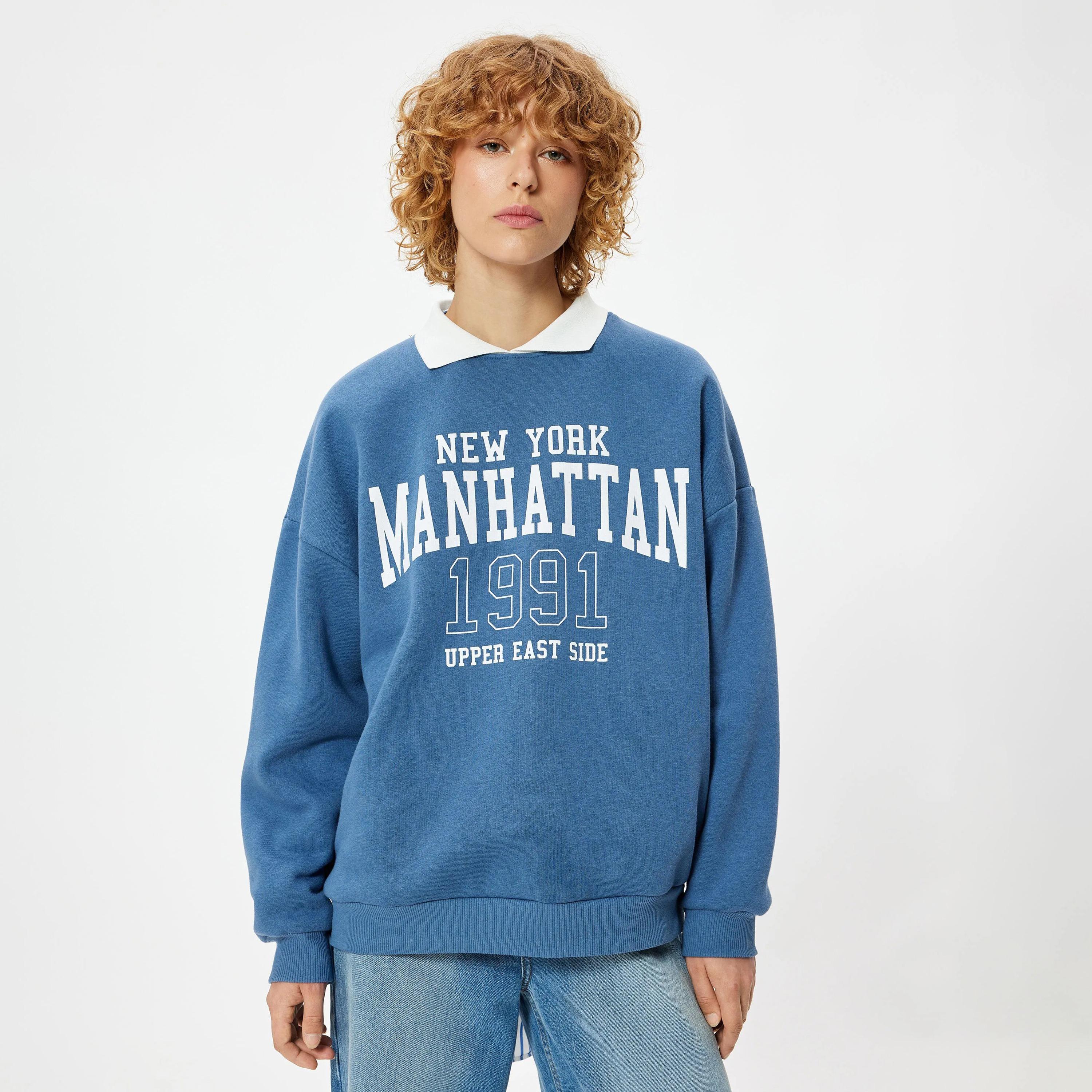 سويت شيرت نسائي بأكمام منسدلة وياقة مطبوعة بنص أزرق من كوتون-women-clothing-hoodiesandsweatshirts-sweatshirts-image-1