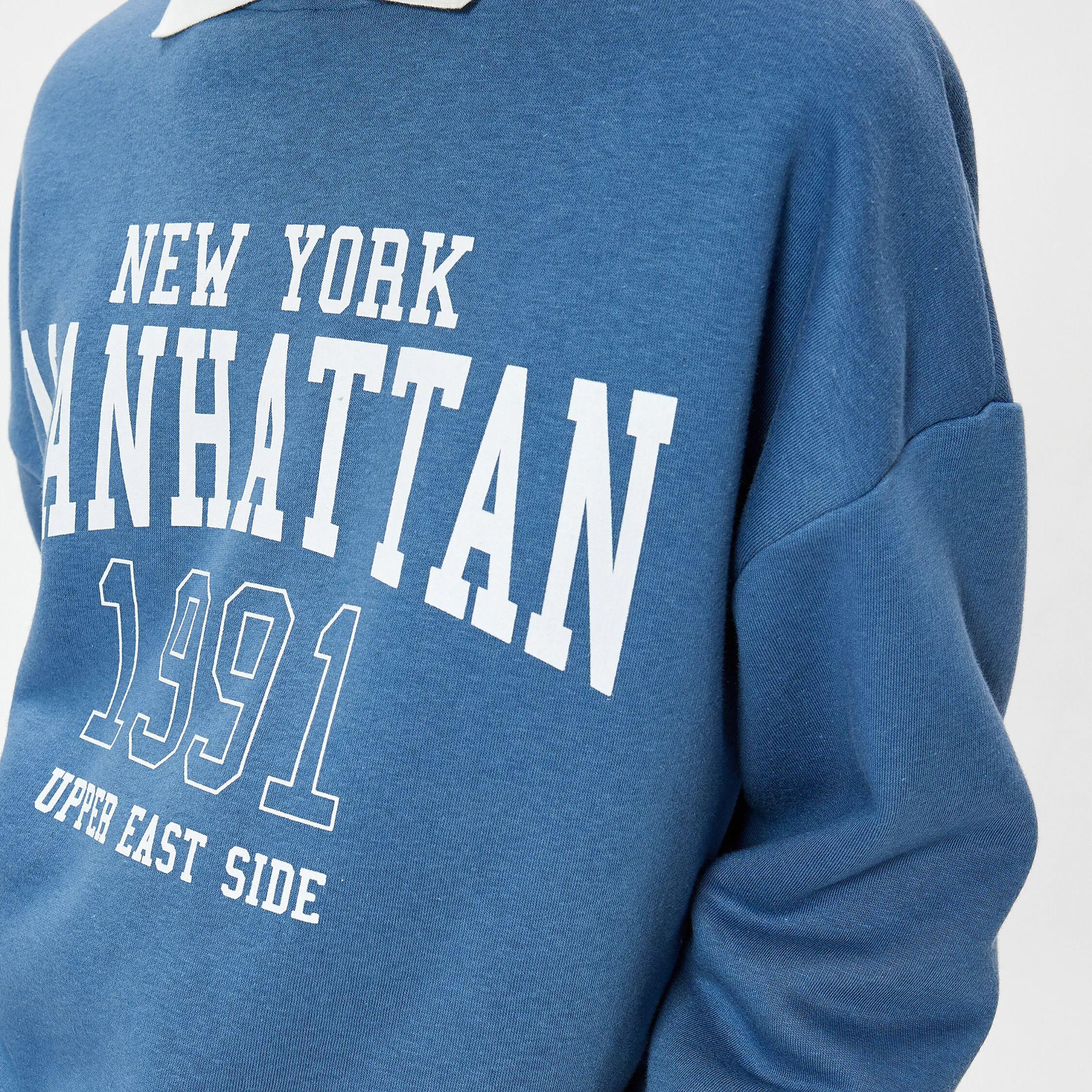 KOTON Blue Text-Print Collared Dropped Sleeves Women's Sweatshirt-women-clothing-hoodiesandsweatshirts-sweatshirts-image-4