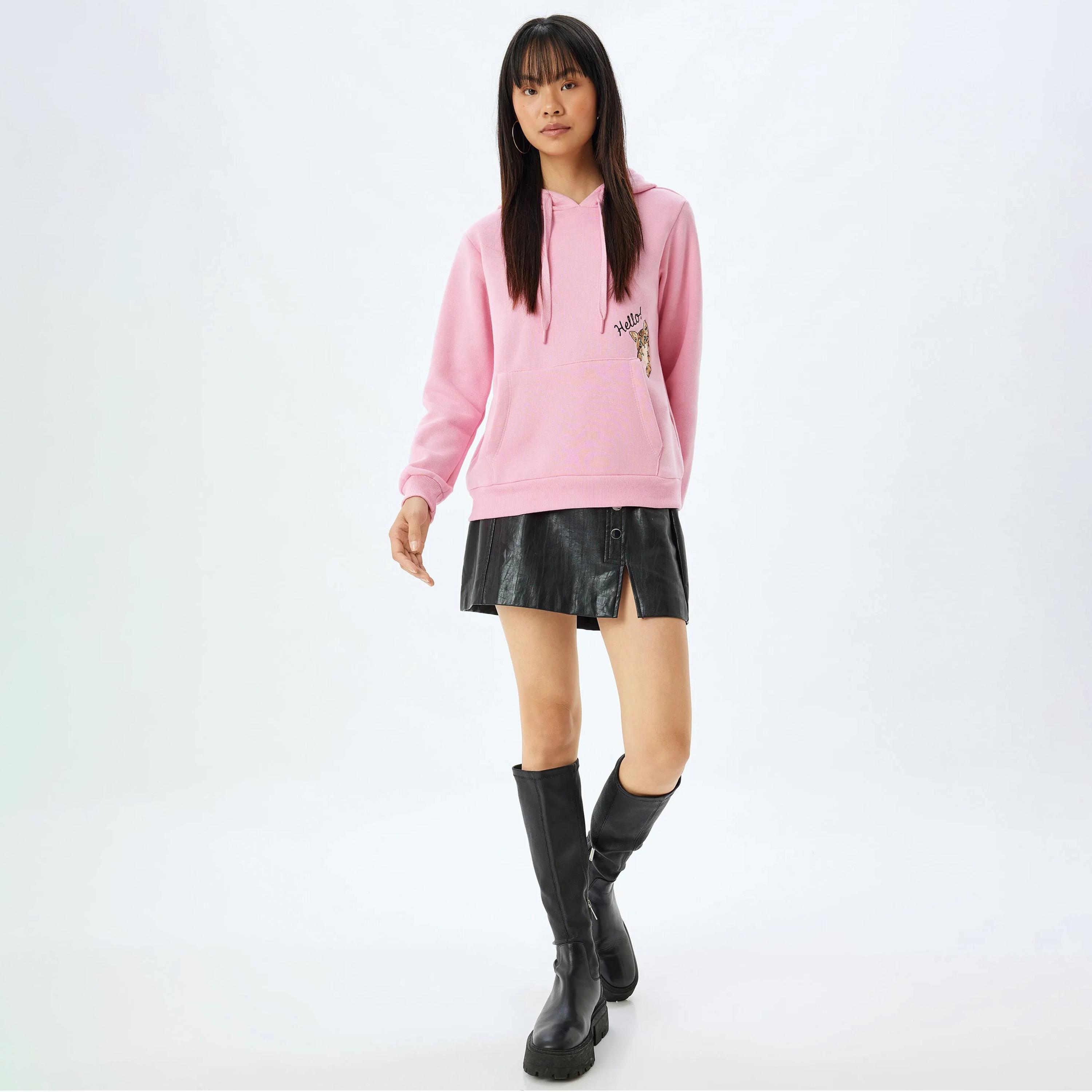 KOTON Pink Hooded Neck Women's Sweatshirt-women-clothing-hoodiesandsweatshirts-sweatshirts-image-2