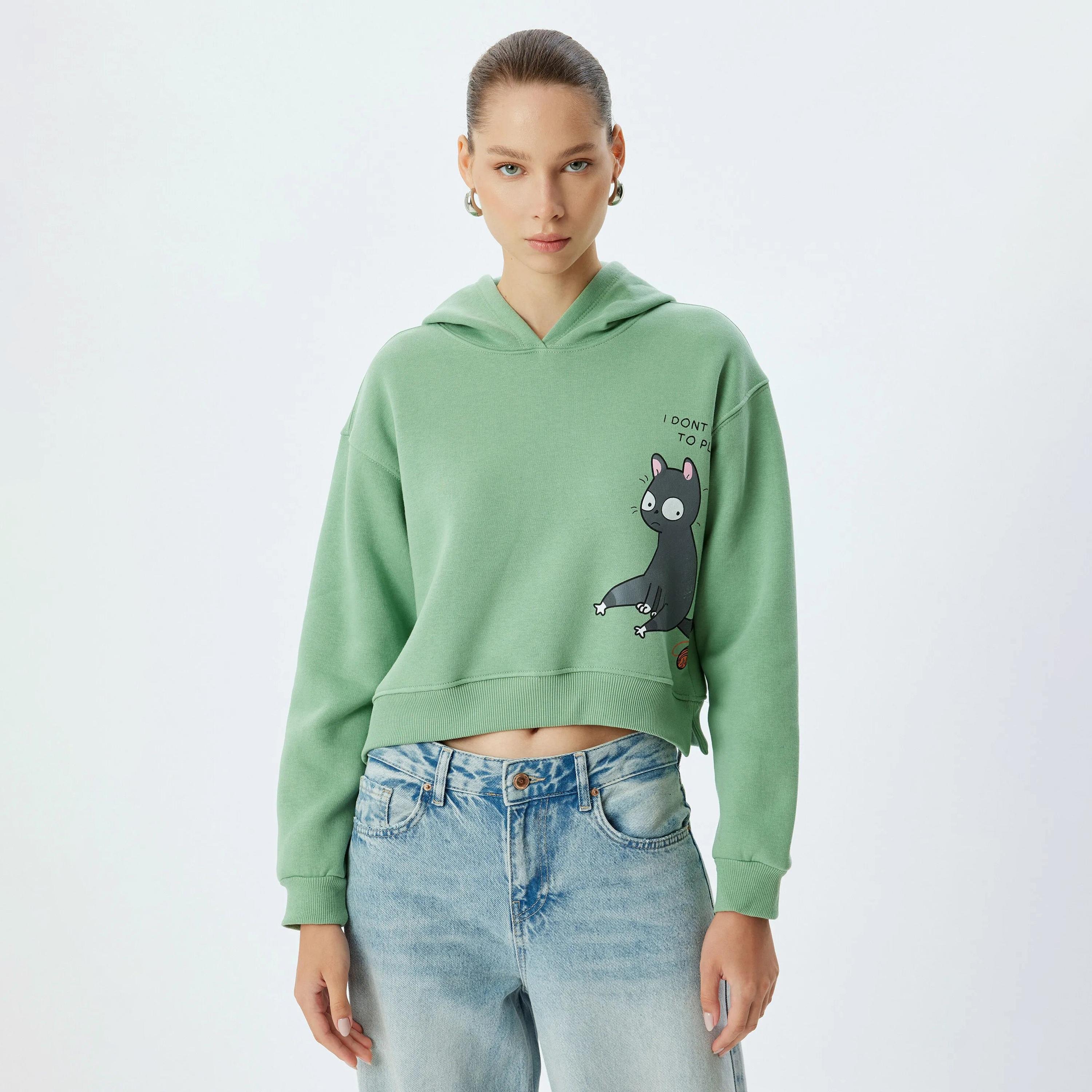 KOTON Green Graphic Hooded Neck Dropped Sleeves Women's Sweatshirt-women-clothing-hoodiesandsweatshirts-sweatshirts-image-1