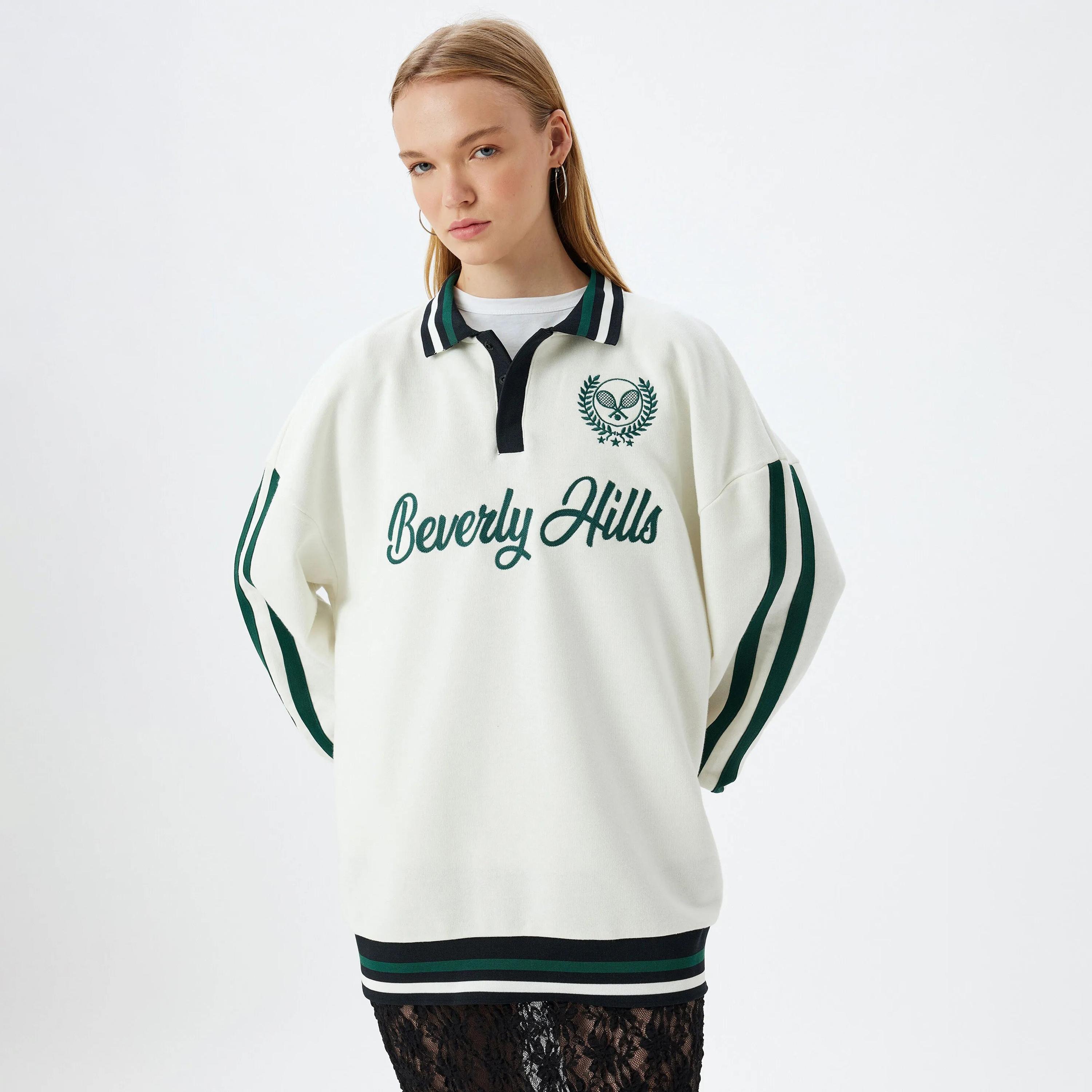 KOTON White Embroidered-Text Collared Dropped Sleeves Women's Sweatshirt-women-clothing-hoodiesandsweatshirts-sweatshirts-image-1