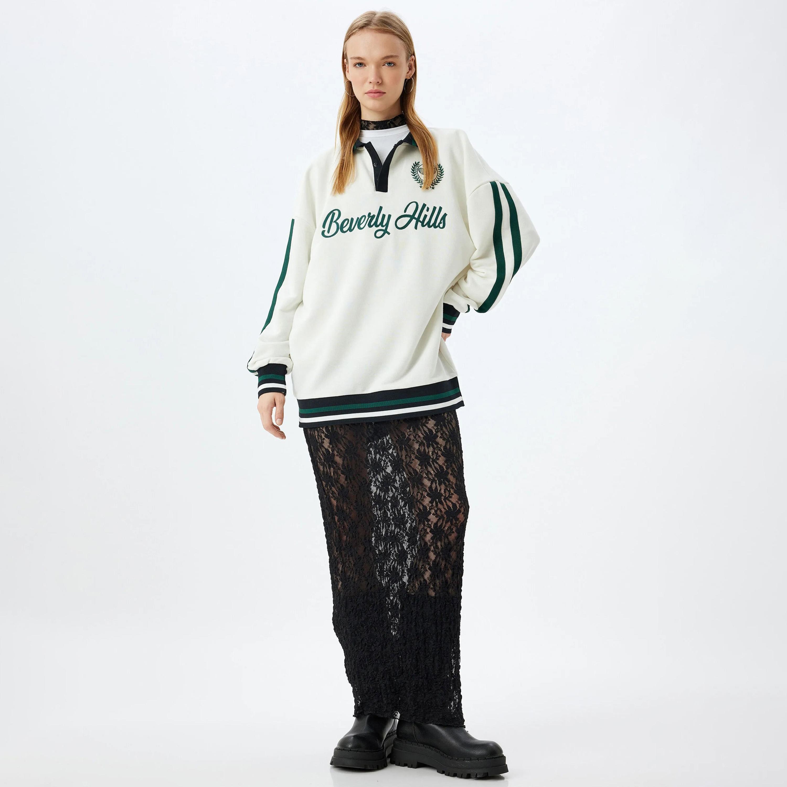 KOTON White Embroidered-Text Collared Dropped Sleeves Women's Sweatshirt-women-clothing-hoodiesandsweatshirts-sweatshirts-image-2