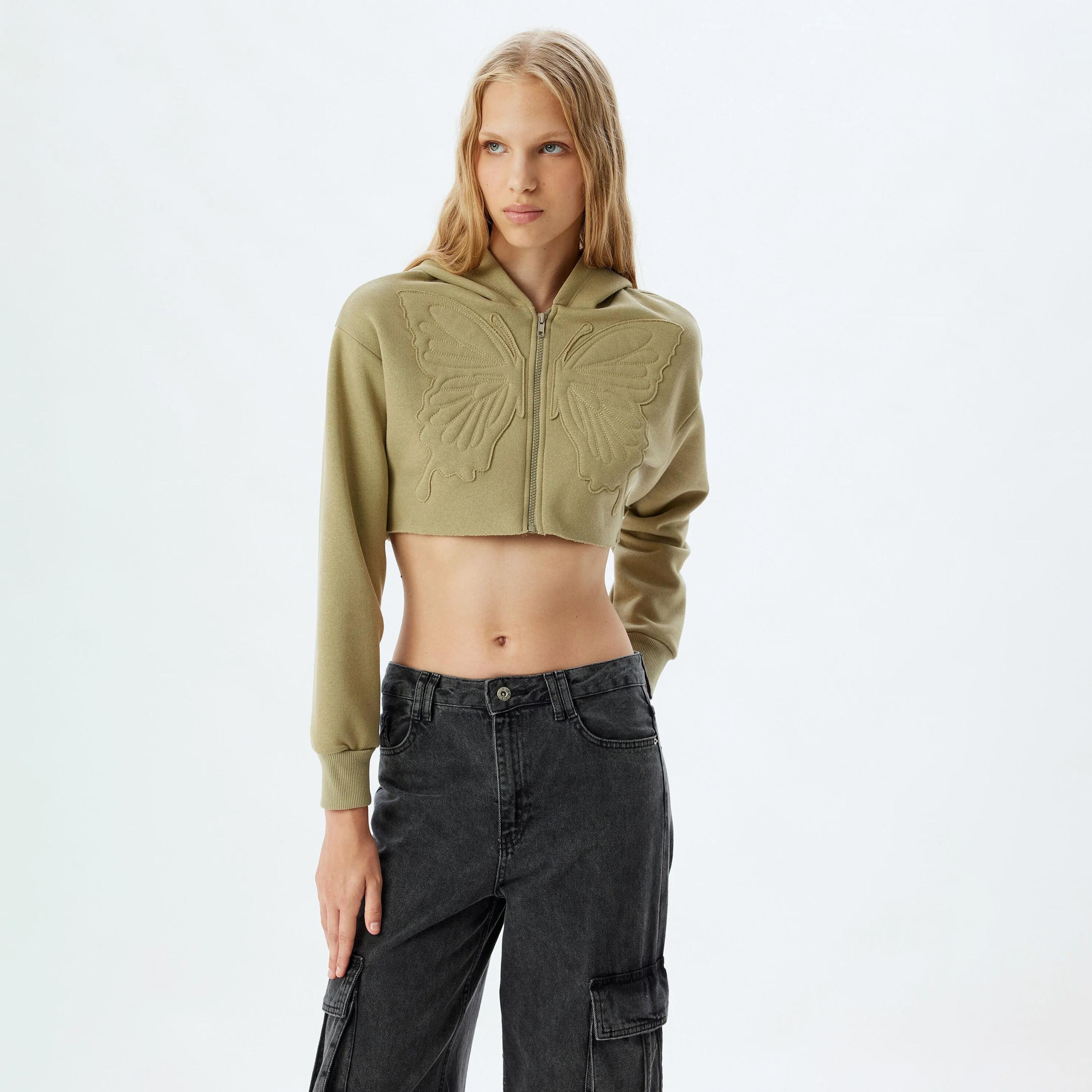 KOTON Green Applique Hooded Neck Dropped Sleeves Women's Sweatshirt-women-clothing-hoodiesandsweatshirts-sweatshirts-image-2