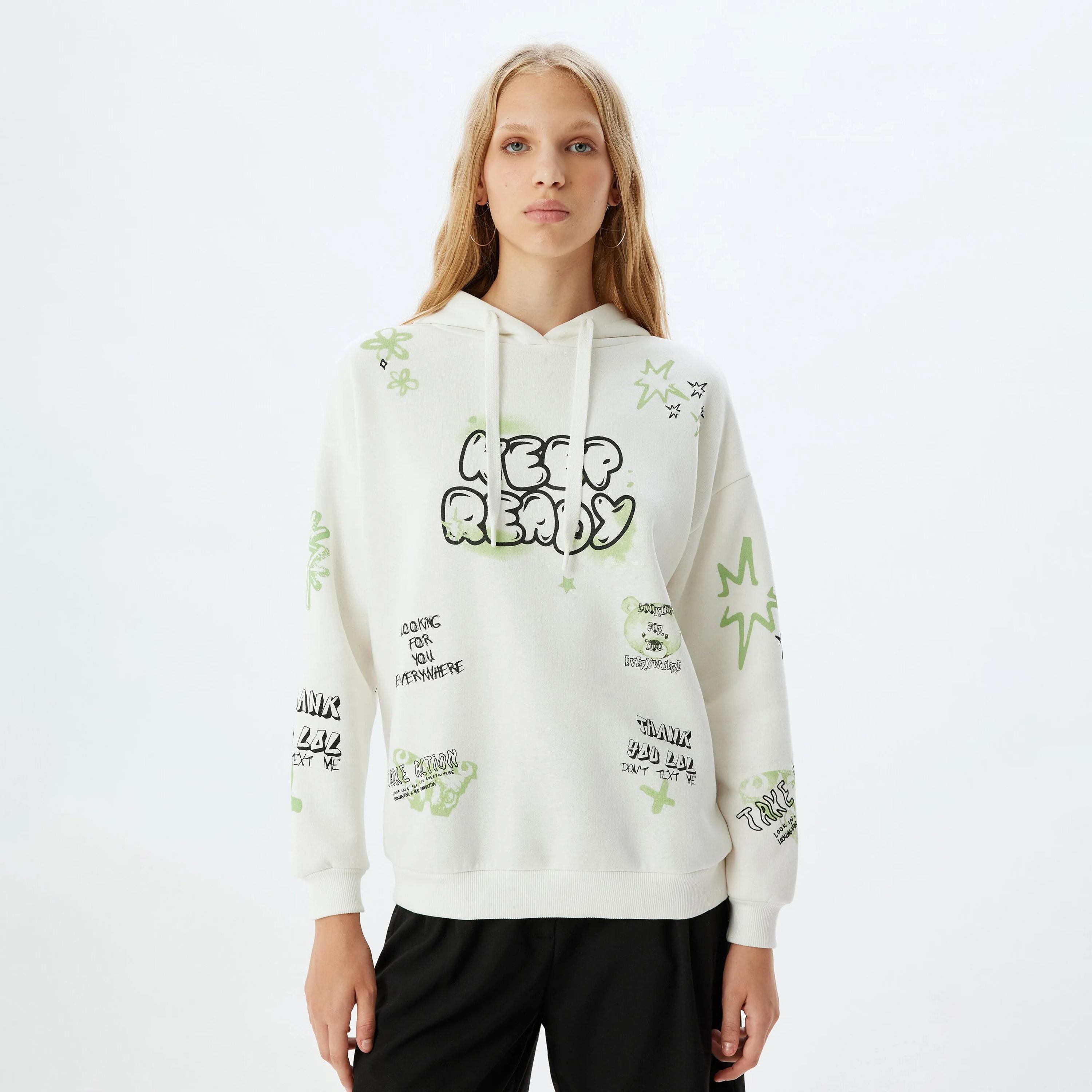 KOTON White Printed Hooded Neck Dropped Sleeves Women's Sweatshirt-women-clothing-hoodiesandsweatshirts-sweatshirts-image-1