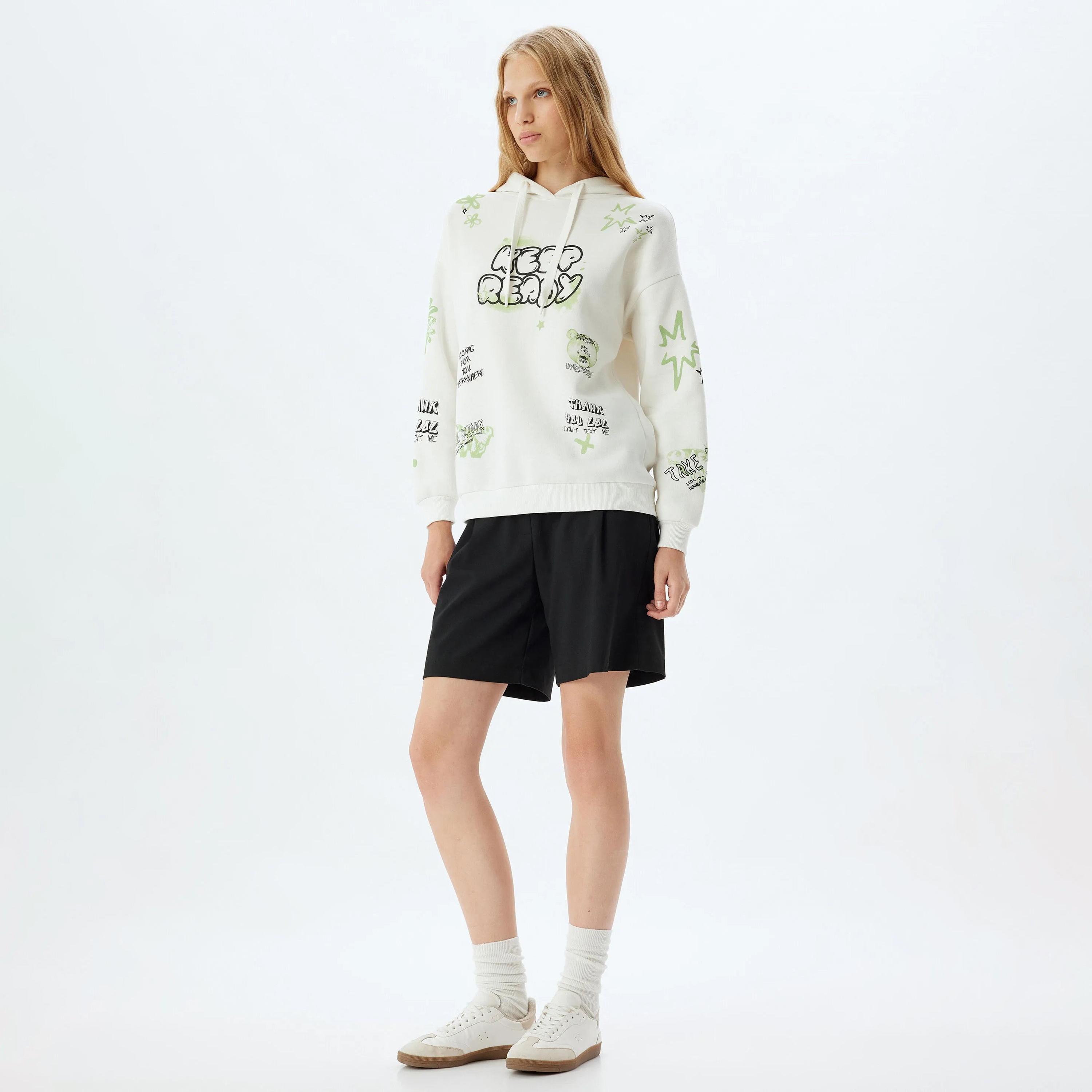 KOTON White Printed Hooded Neck Dropped Sleeves Women's Sweatshirt-women-clothing-hoodiesandsweatshirts-sweatshirts-image-2
