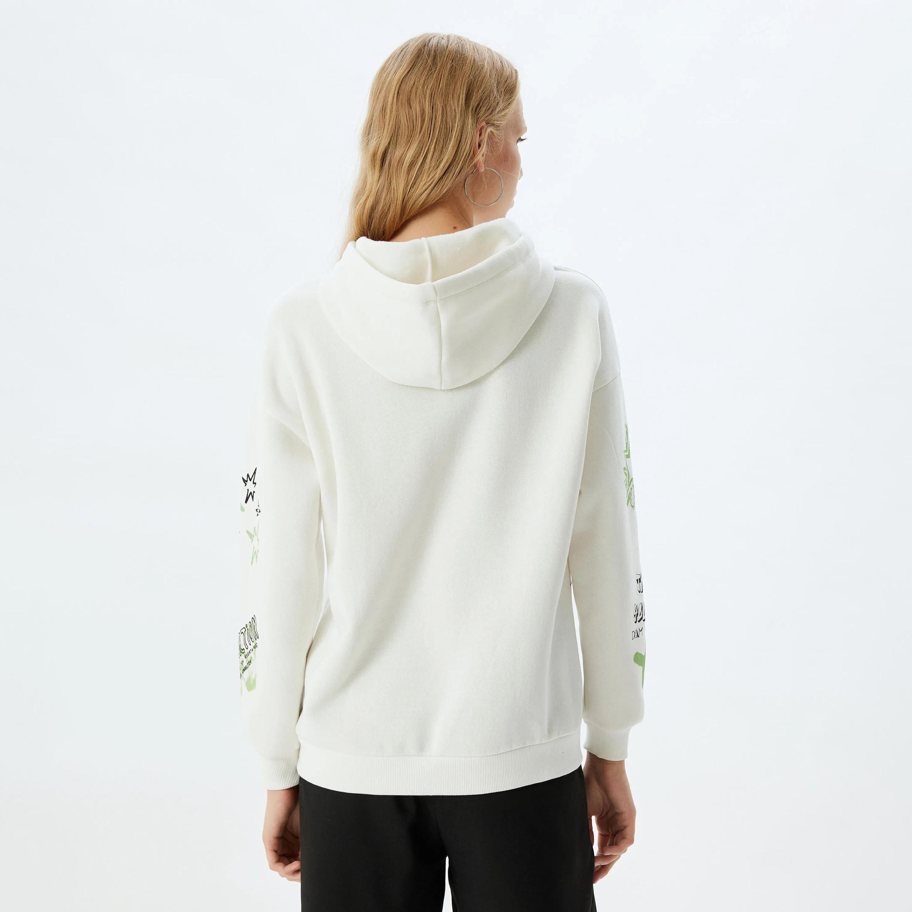KOTON White Printed Hooded Neck Dropped Sleeves Women's Sweatshirt-women-clothing-hoodiesandsweatshirts-sweatshirts-image-3
