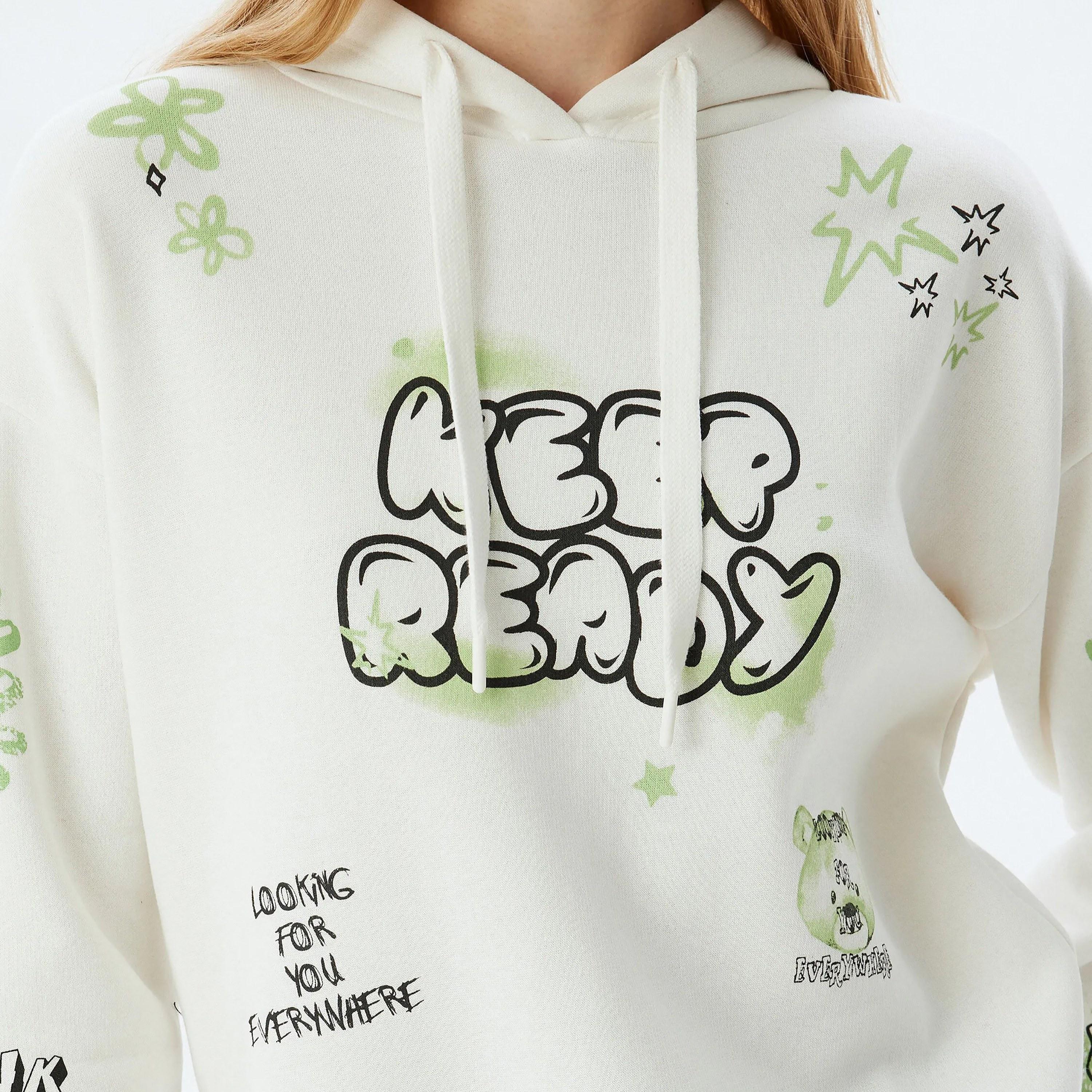 KOTON White Printed Hooded Neck Dropped Sleeves Women's Sweatshirt-women-clothing-hoodiesandsweatshirts-sweatshirts-image-4