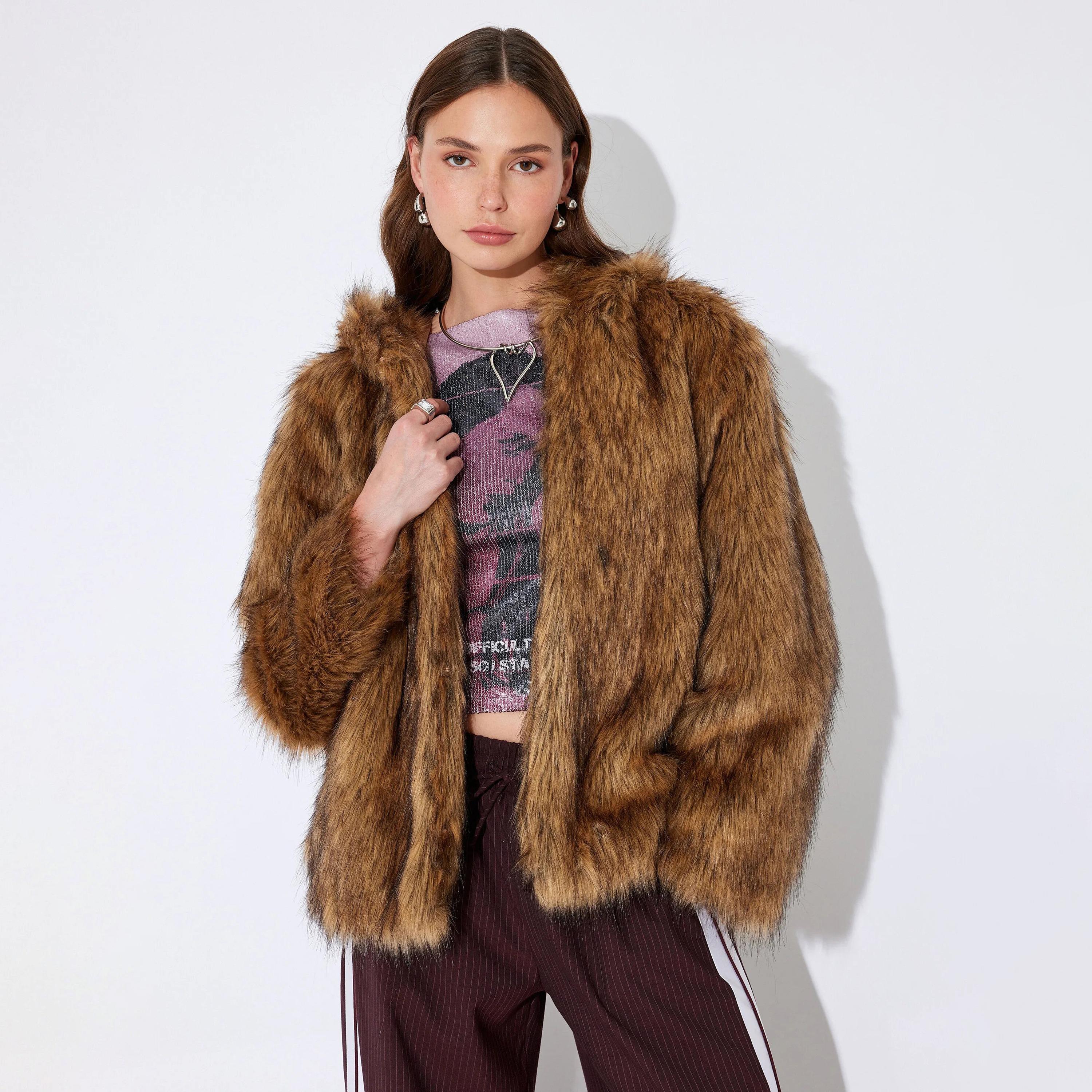 KOTON Brown Faux Fur Hooded Neck Women's Jacket-women-clothing-coatsandjackets-jackets-image-1