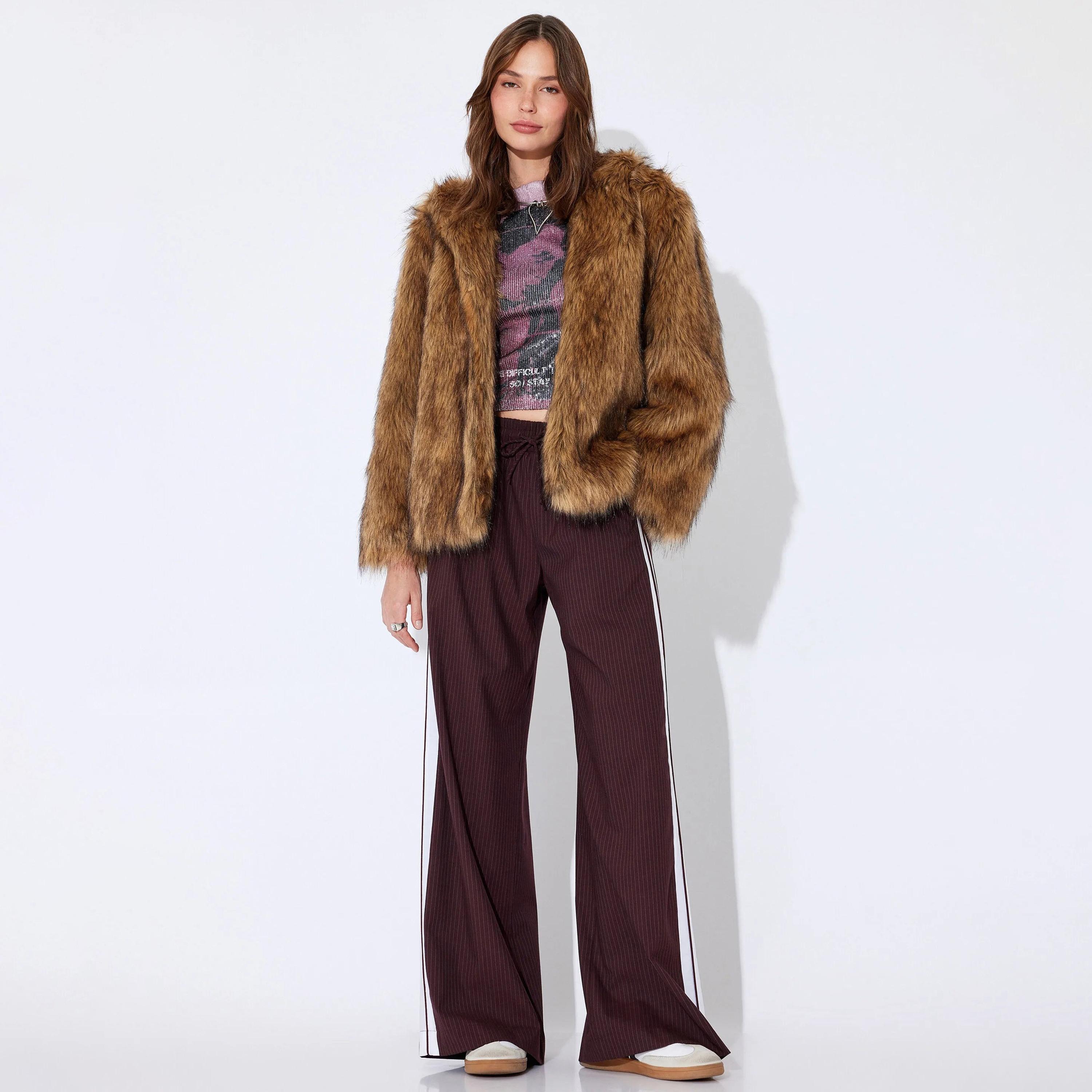 KOTON Brown Faux Fur Hooded Neck Women's Jacket-women-clothing-coatsandjackets-jackets-image-2