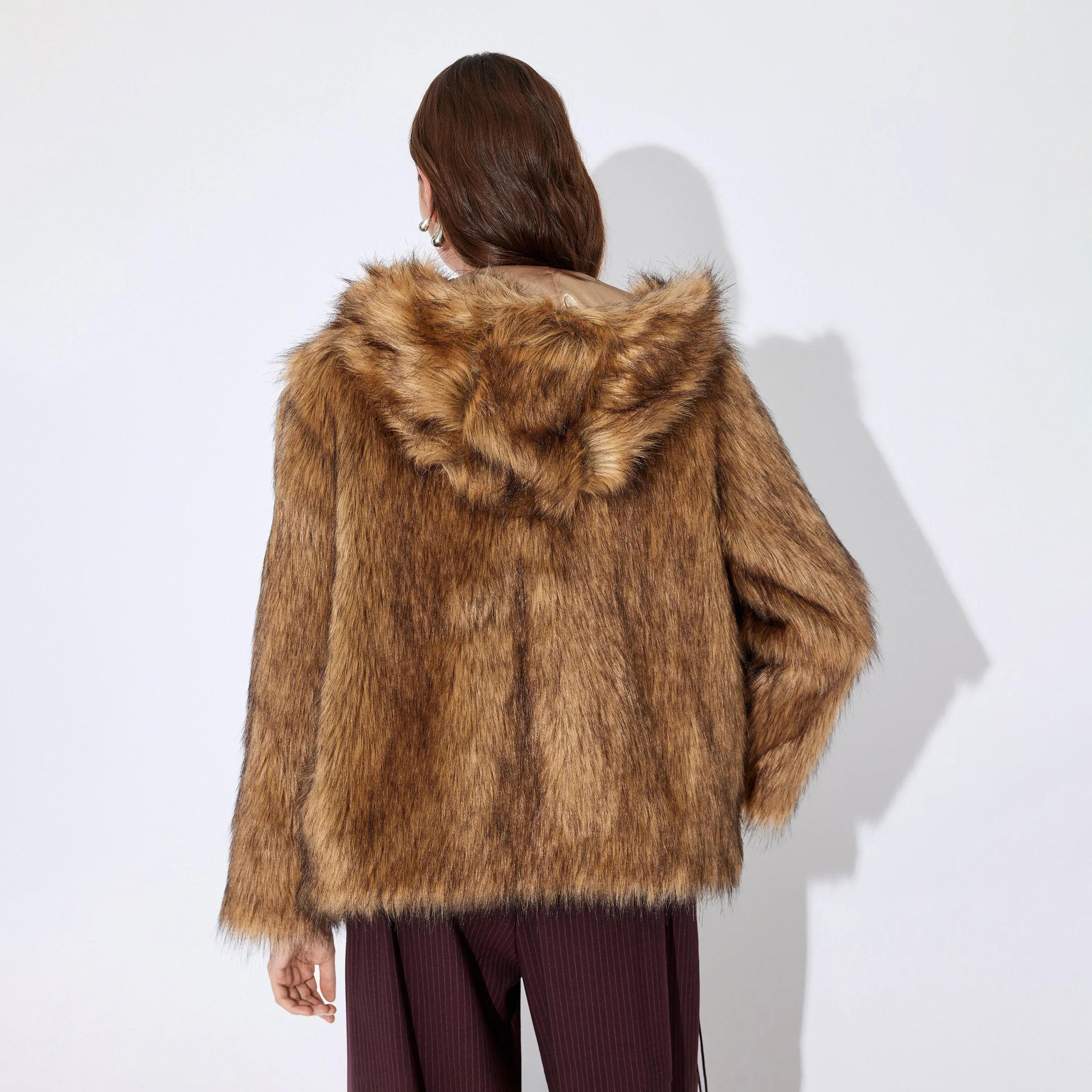KOTON Brown Faux Fur Hooded Neck Women's Jacket-women-clothing-coatsandjackets-jackets-image-3