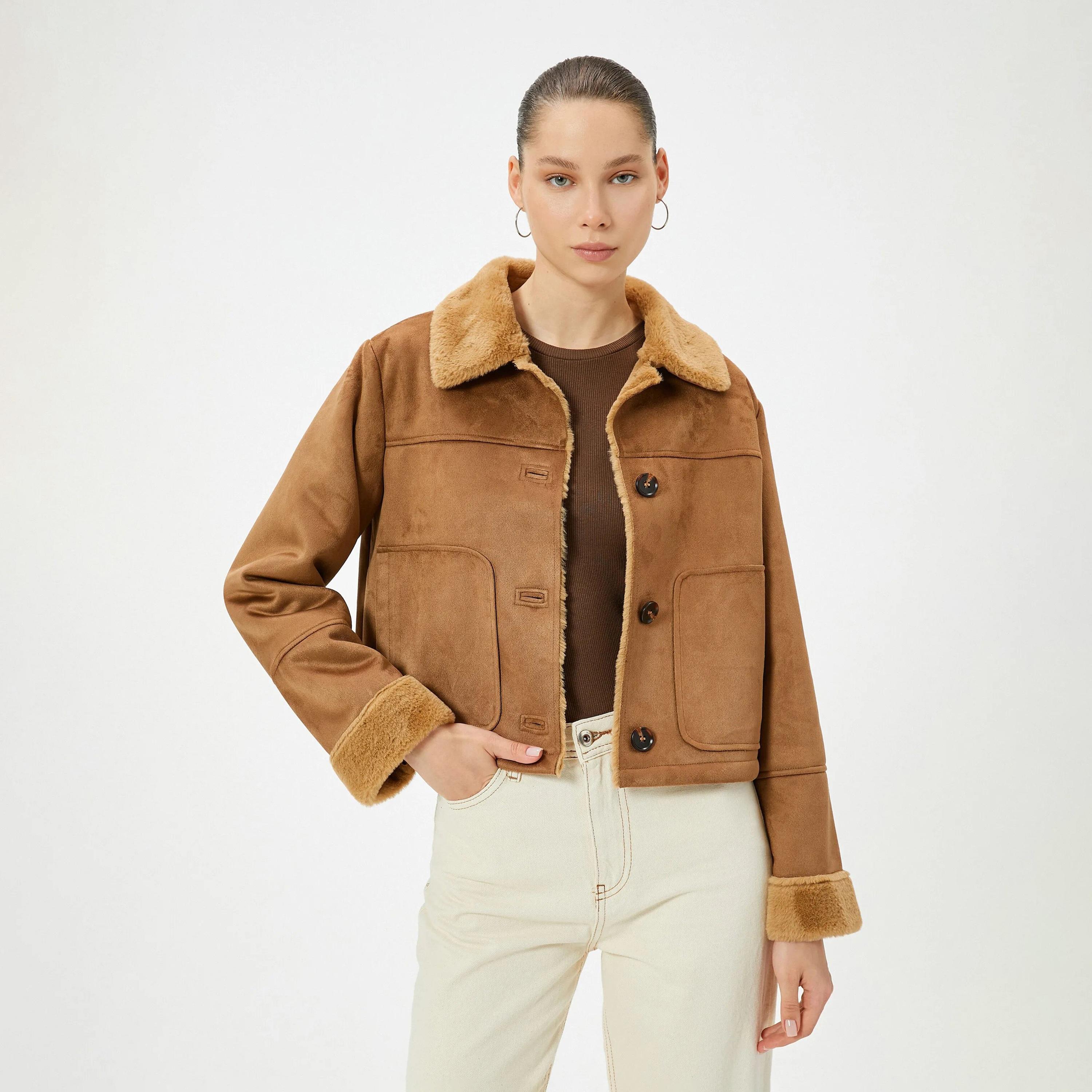 KOTON Brown Collared Women's Jacket-women-winterwear-coatsandjackets-jackets-image-1