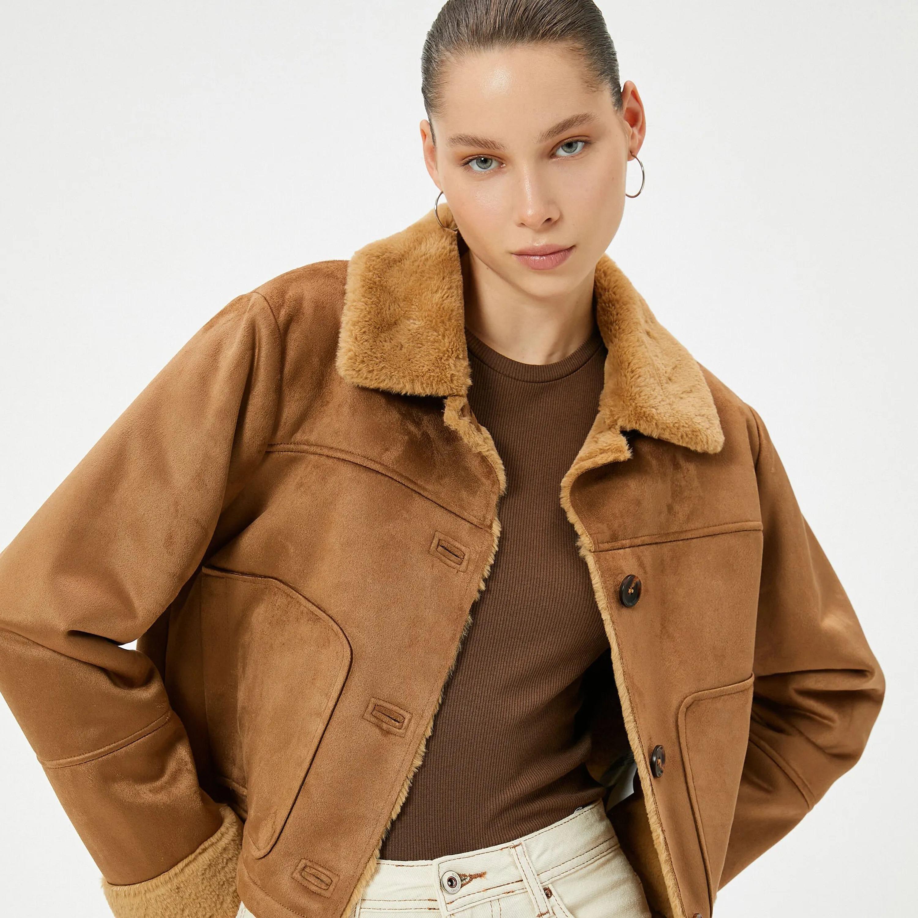 KOTON Brown Collared Women's Jacket-women-winterwear-coatsandjackets-jackets-image-2