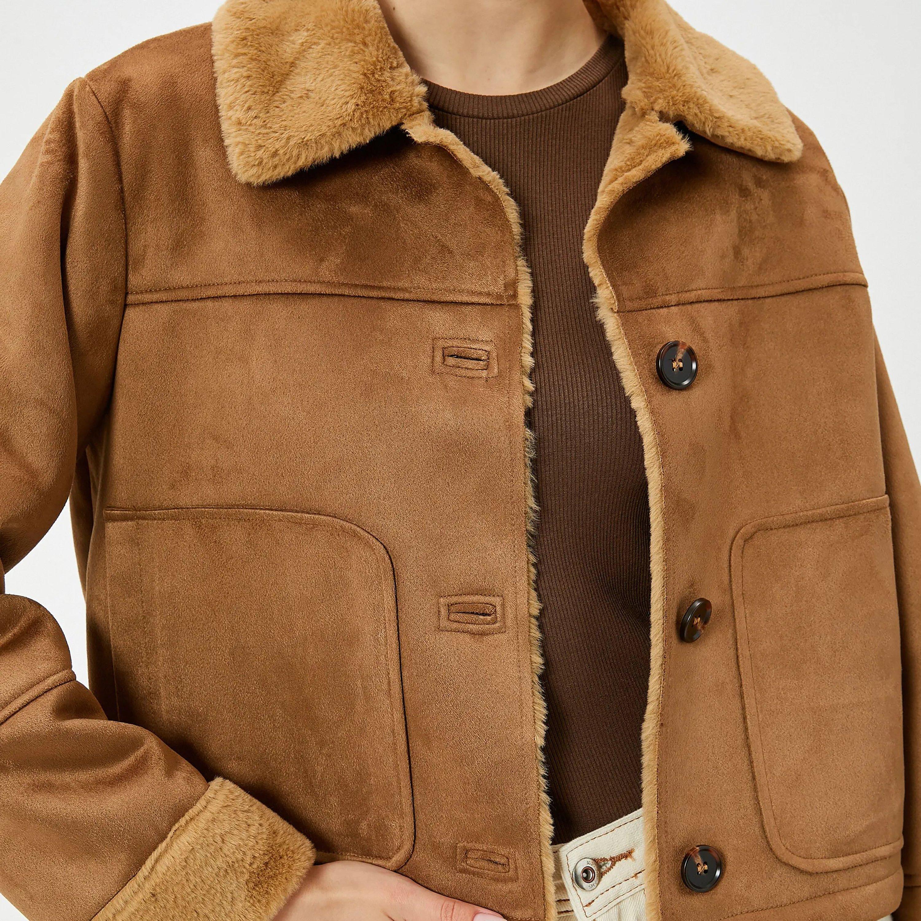 KOTON Brown Collared Women's Jacket-women-winterwear-coatsandjackets-jackets-image-4