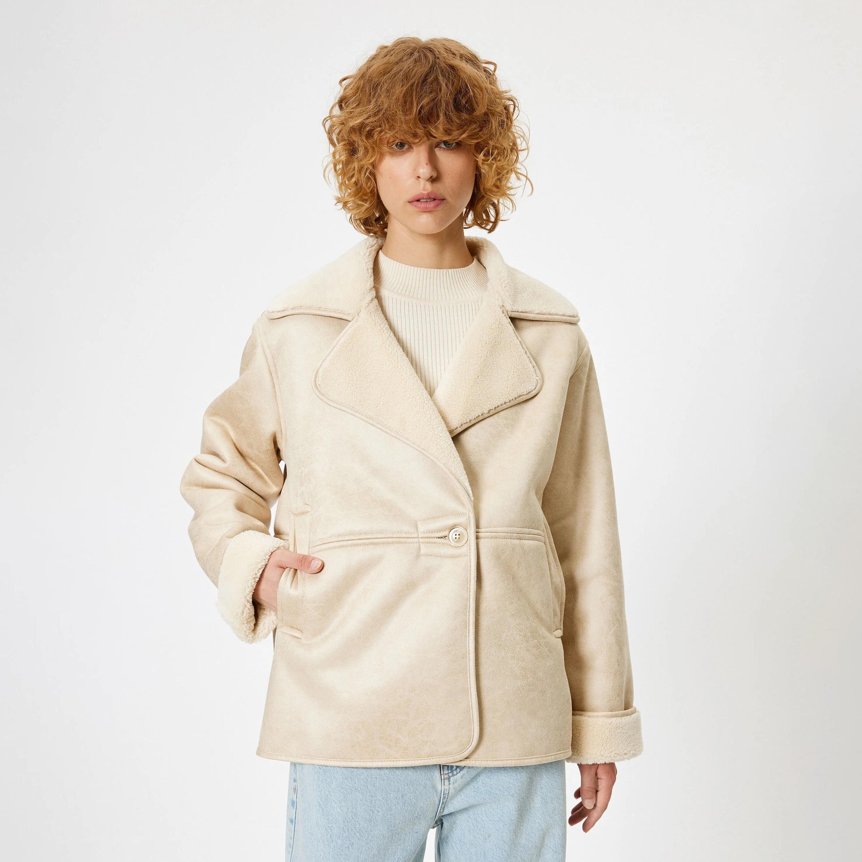KOTON Beige Lapel collar Women's Coat-women-winterwear-coatsandjackets-coats-image-1