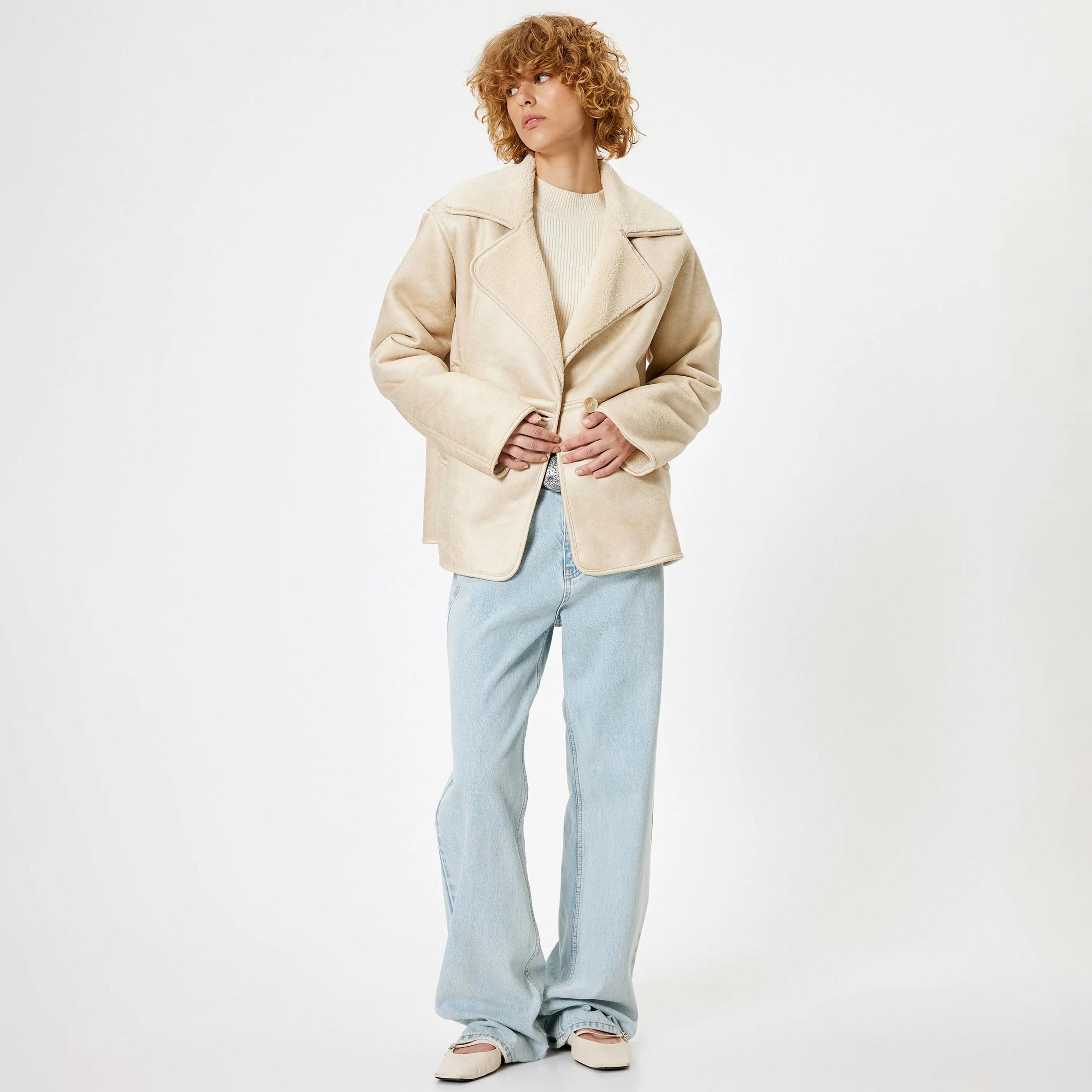 KOTON Beige Lapel collar Women's Coat-women-winterwear-coatsandjackets-coats-image-2